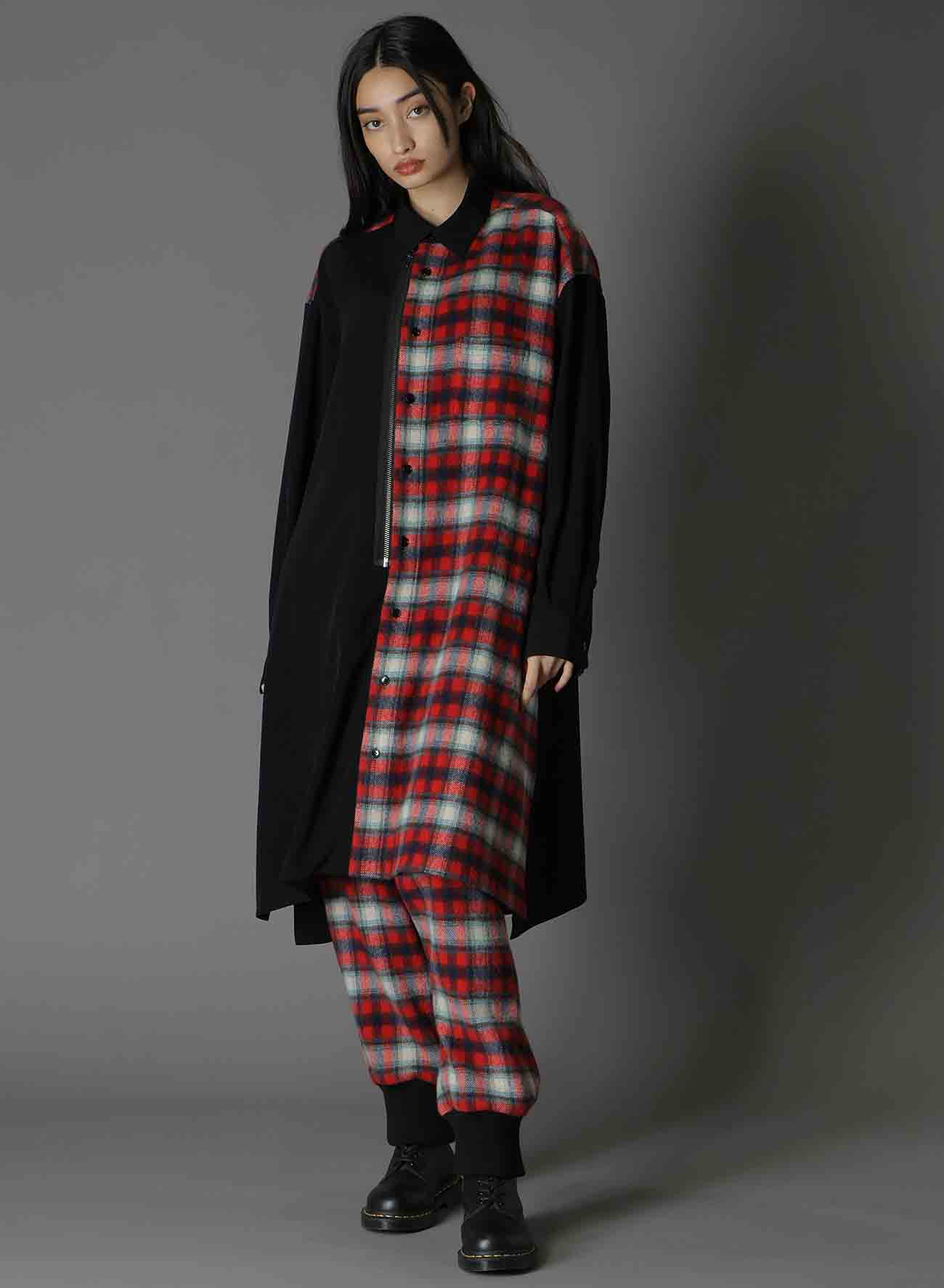 DE CHINE+CHECKED SHAGGY WOOL FRONT ZIPPER SHIRT