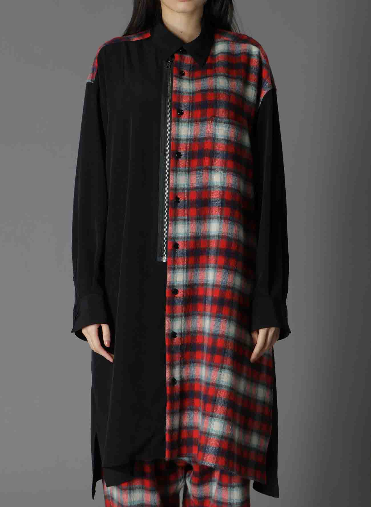 DE CHINE+CHECKED SHAGGY WOOL FRONT ZIPPER SHIRT