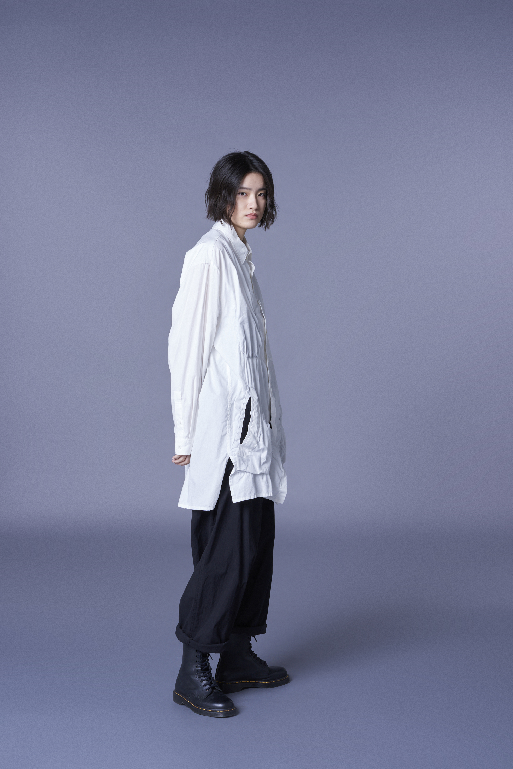 COTTON BROAD LONG SHIRT WITH FULLED WOOL GAUZE POCKETS