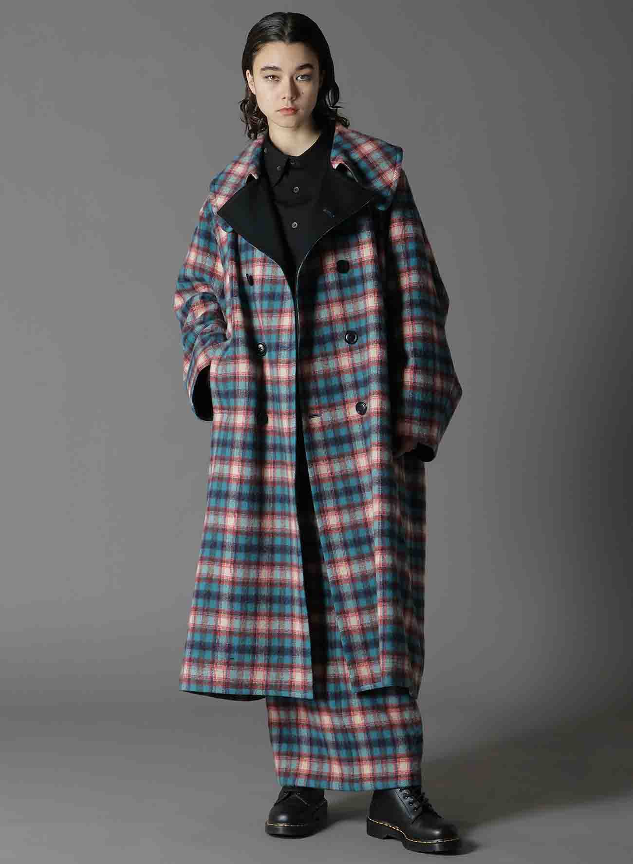 CHECKED SHAGGY WOOL TRUNCATED TRENCH COAT