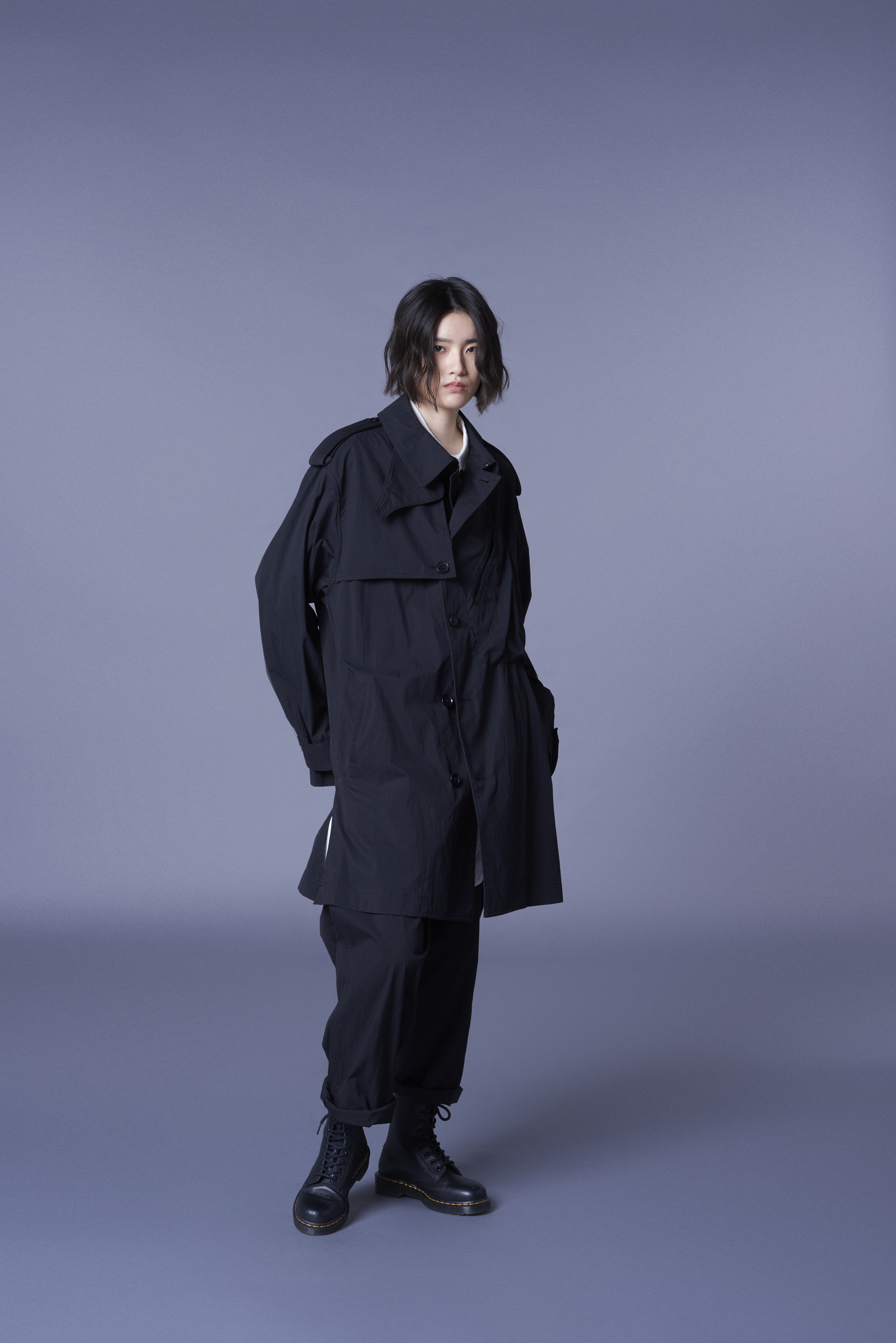 COTTON/NYLON OXFORD ZIPPER TRENCH COAT WITH FULLED WOOL GAUZE POCKETS