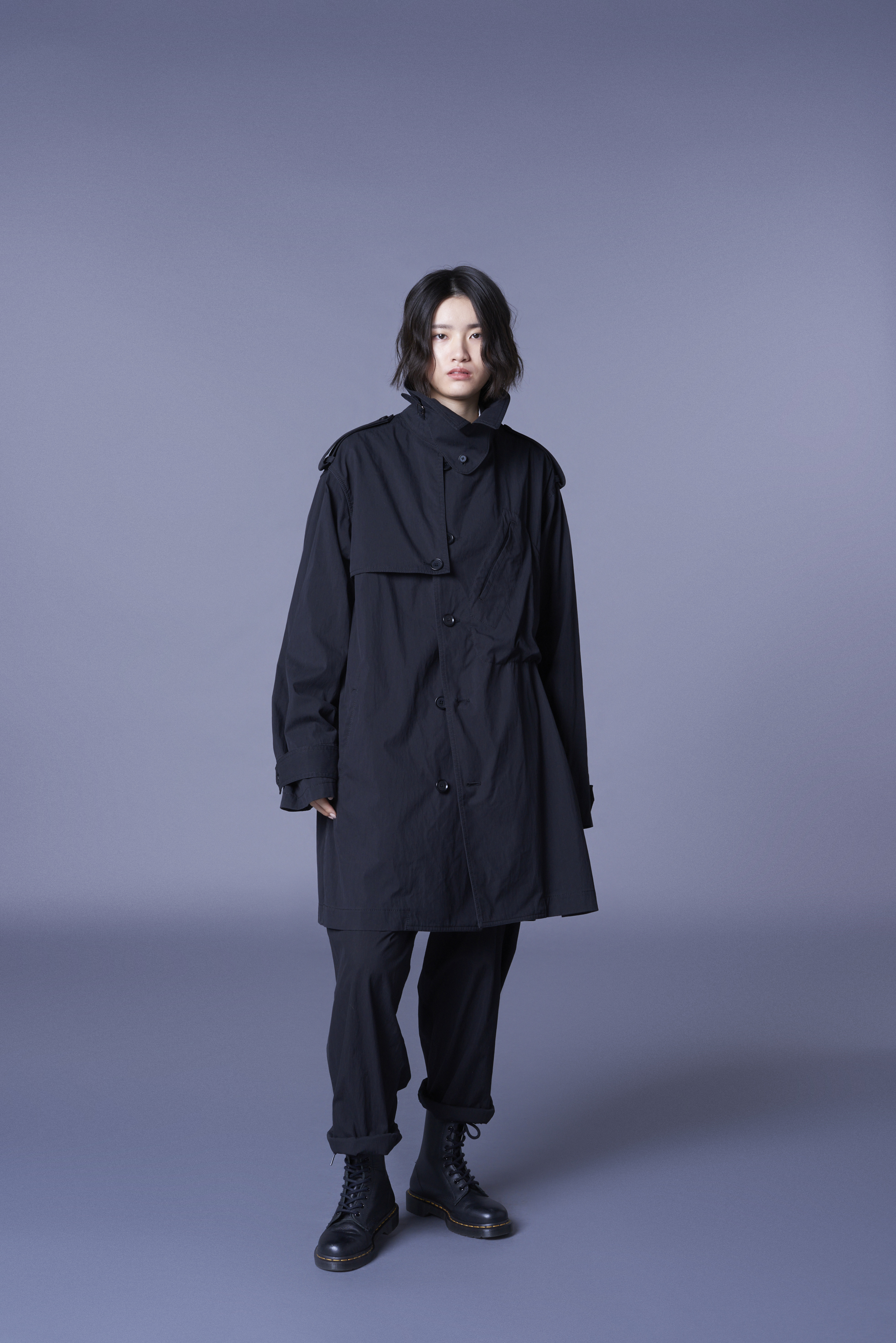 COTTON/NYLON OXFORD ZIPPER TRENCH COAT WITH FULLED WOOL GAUZE POCKETS