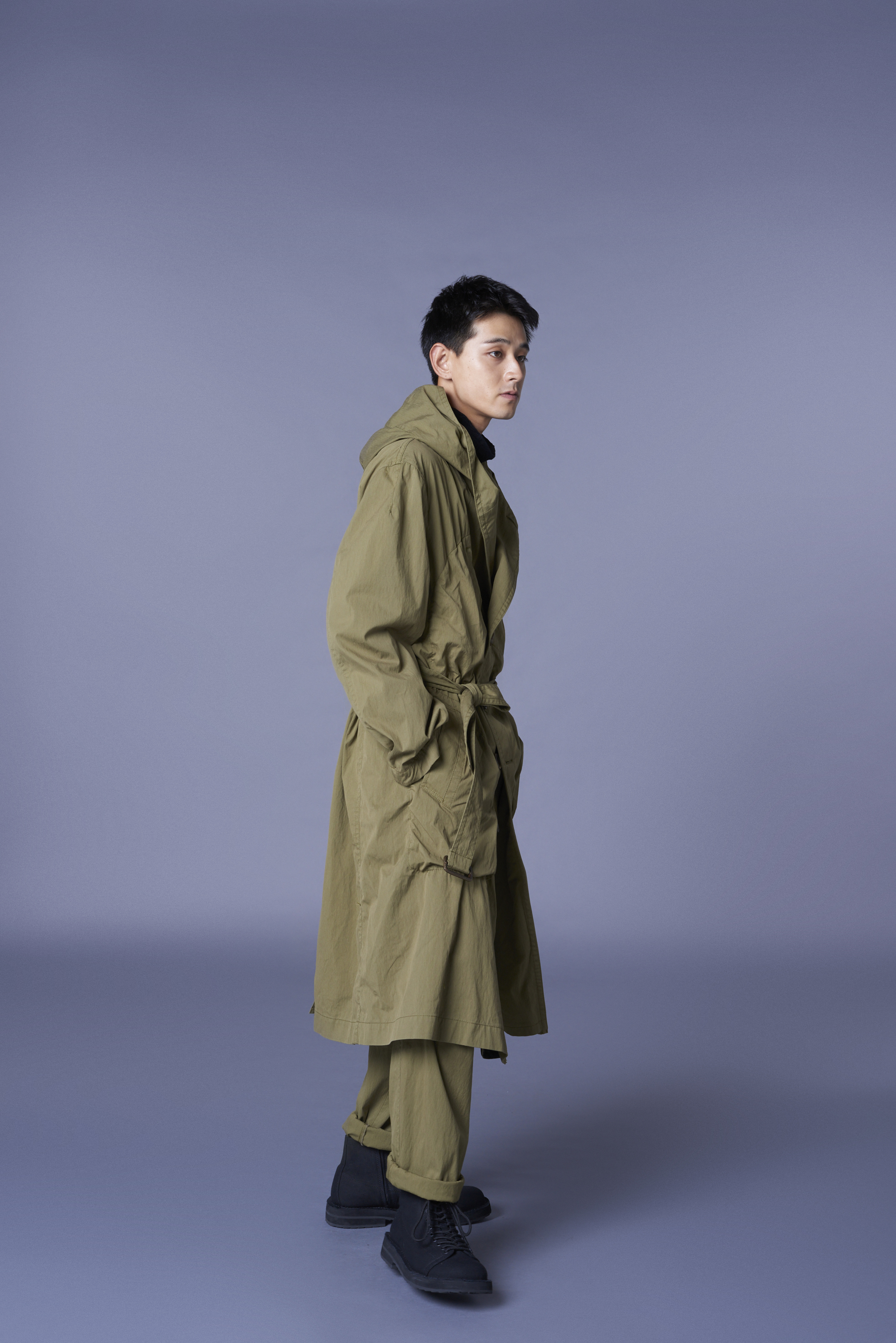 COTTON/NYLON OXFORD HOODED COAT WITH FULLED WOOL GAUZE POCKETS