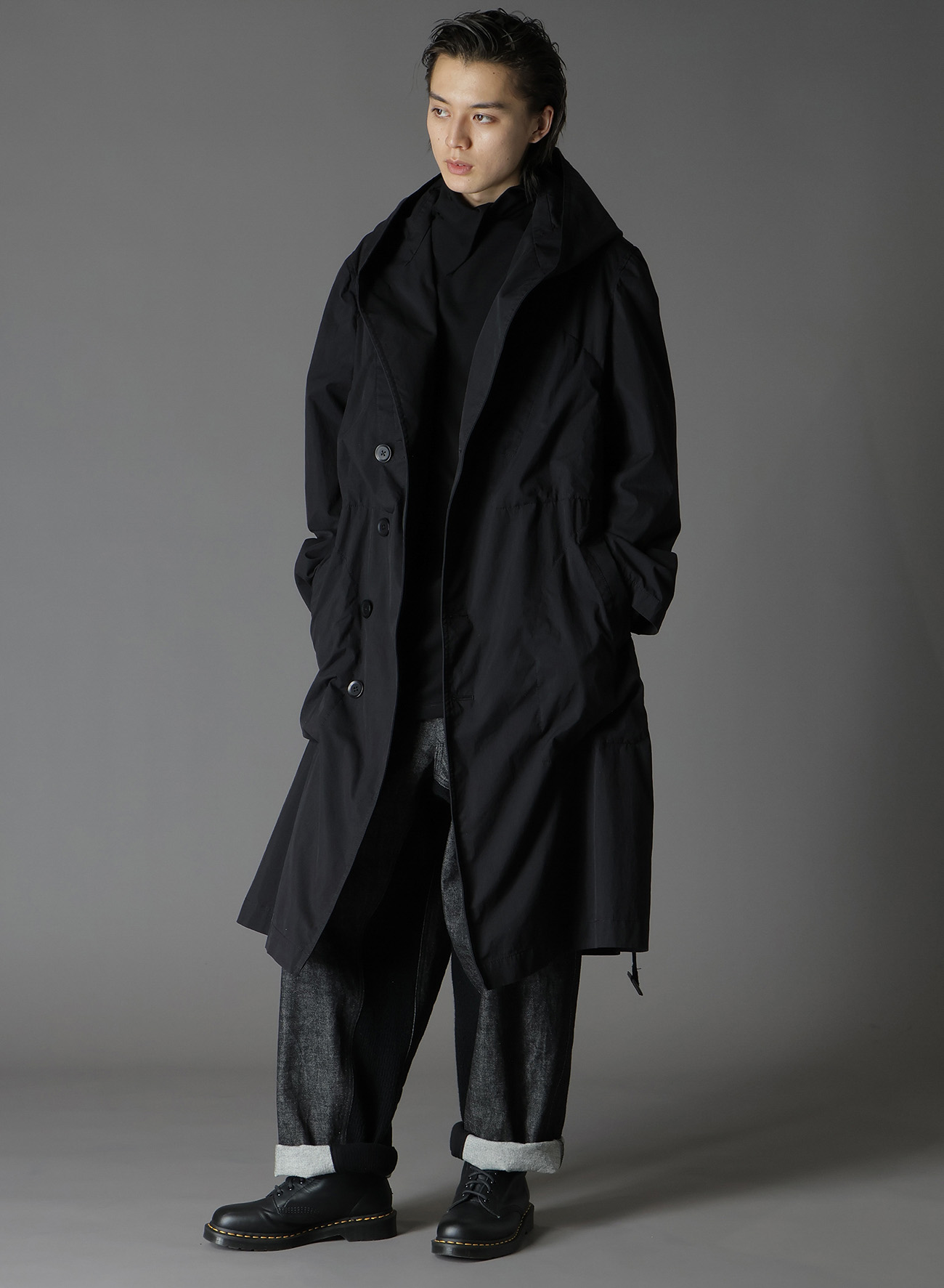 COTTON/NYLON OXFORD HOODED COAT WITH FULLED WOOL GAUZE POCKETS