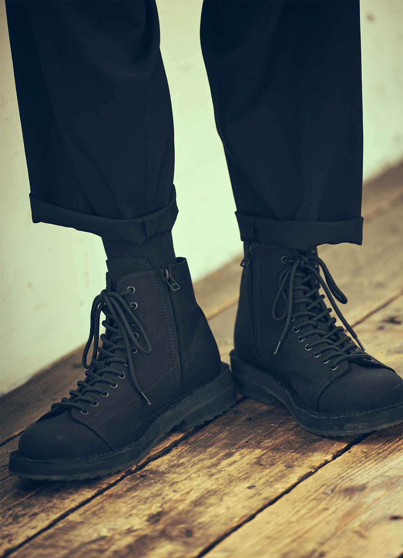 COTTON CANVAS LACE-UP BIKER BOOTS