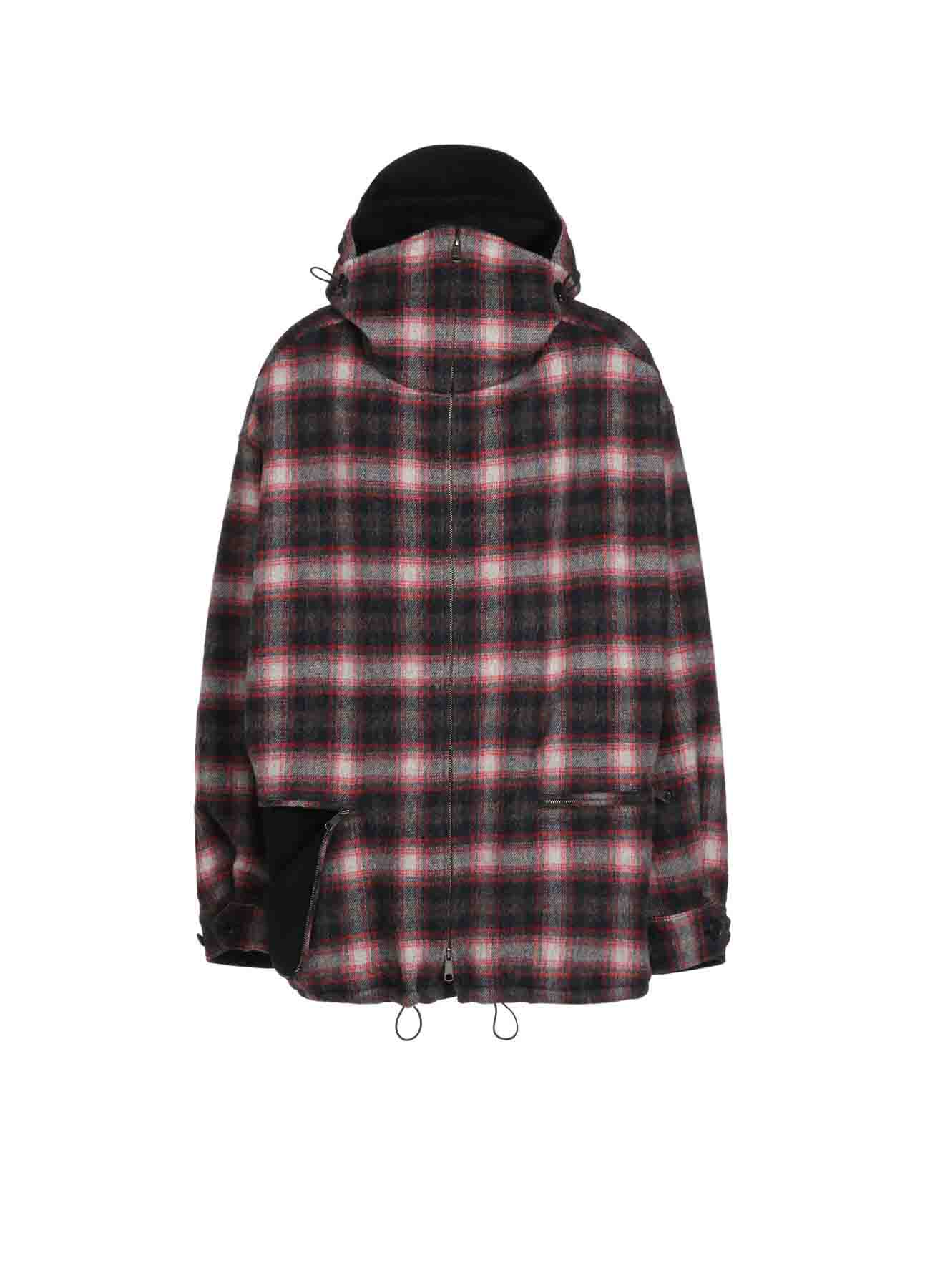 CHECKED SHAGGY WOOL ZIPPER POCKET HOODED BLOUSON