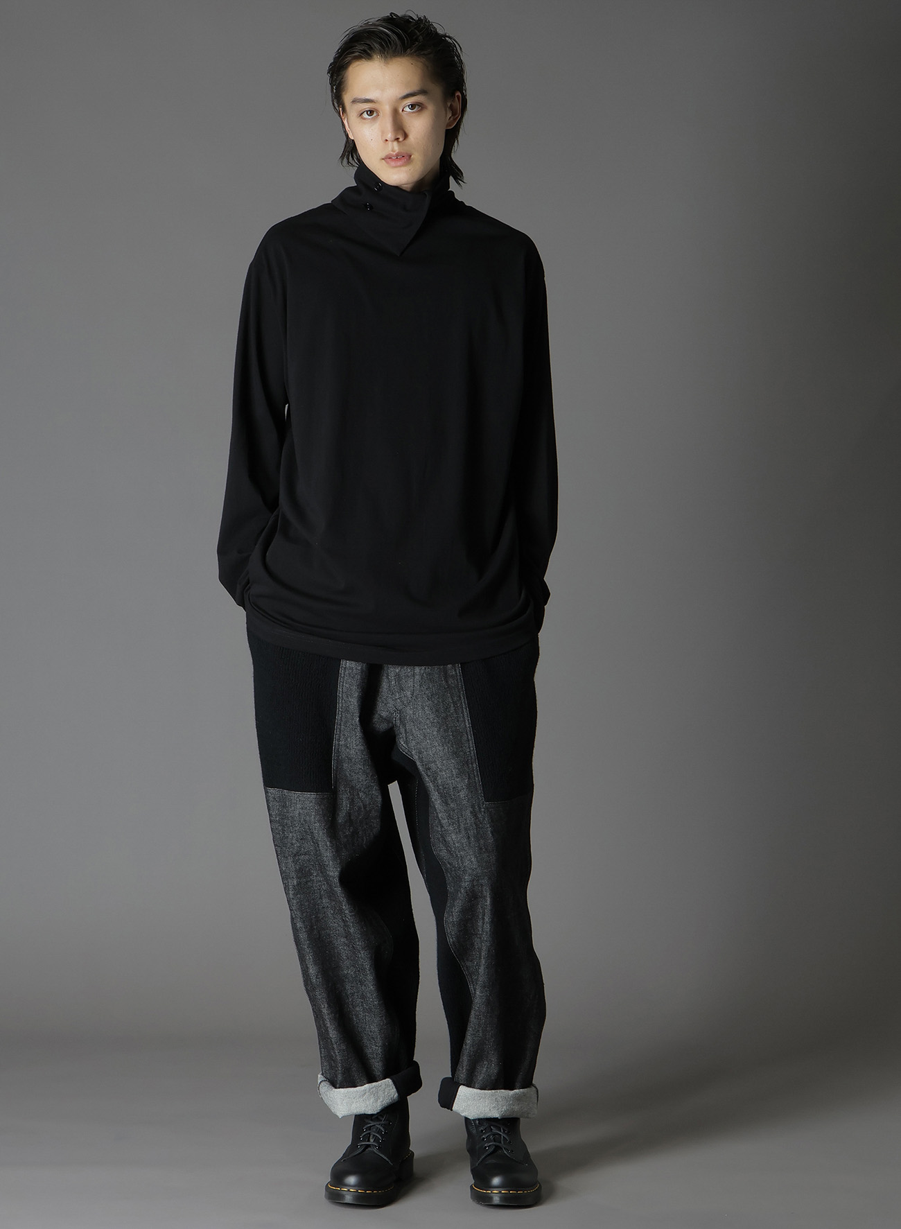 BLACK DENIM +WOOL JERSEY RIB WAIST STRING PANTS