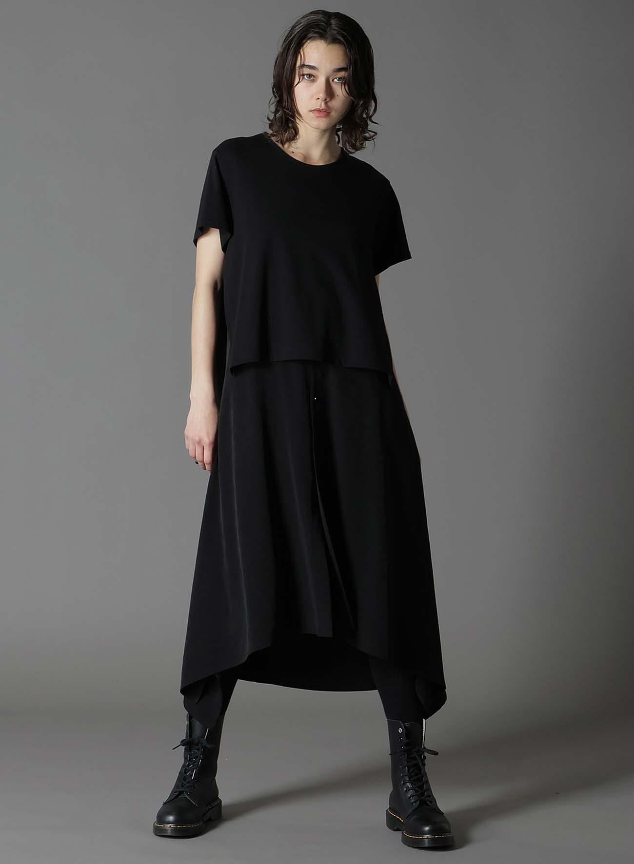 CREPE DE CHINE＋COTTONJERSEY  SHORT SLEEVE DOCKING LONG SHIRT DRESS