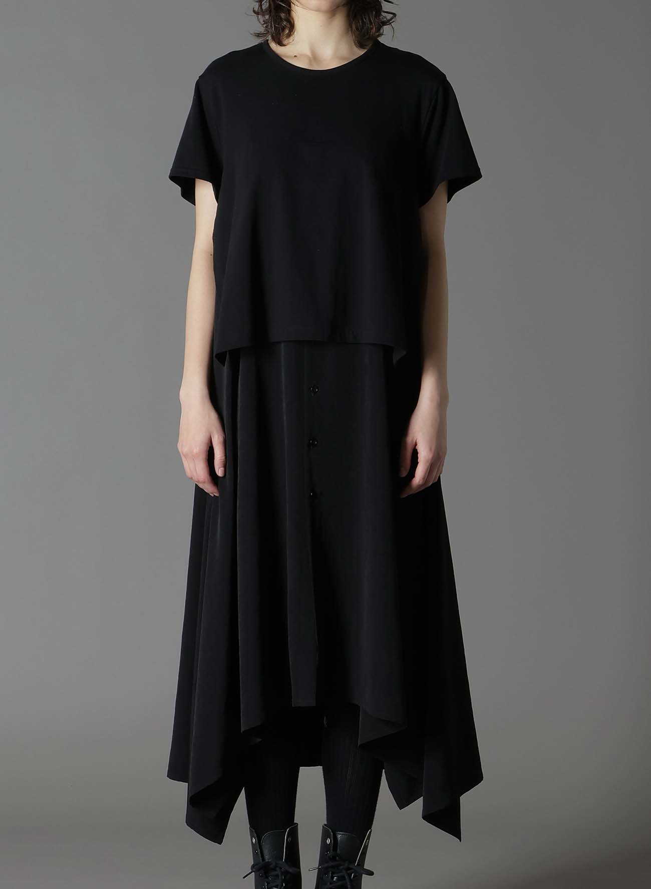 CREPE DE CHINE＋COTTONJERSEY  SHORT SLEEVE DOCKING LONG SHIRT DRESS