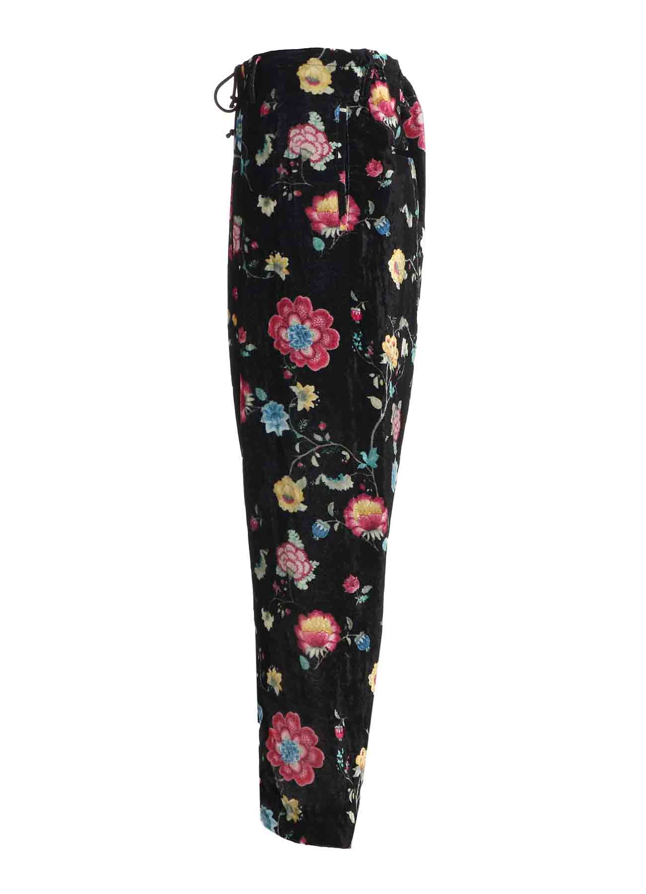 RAYON VELVET PRINT CHINESE FLOWER WAIST DRAWSTRING PANTS