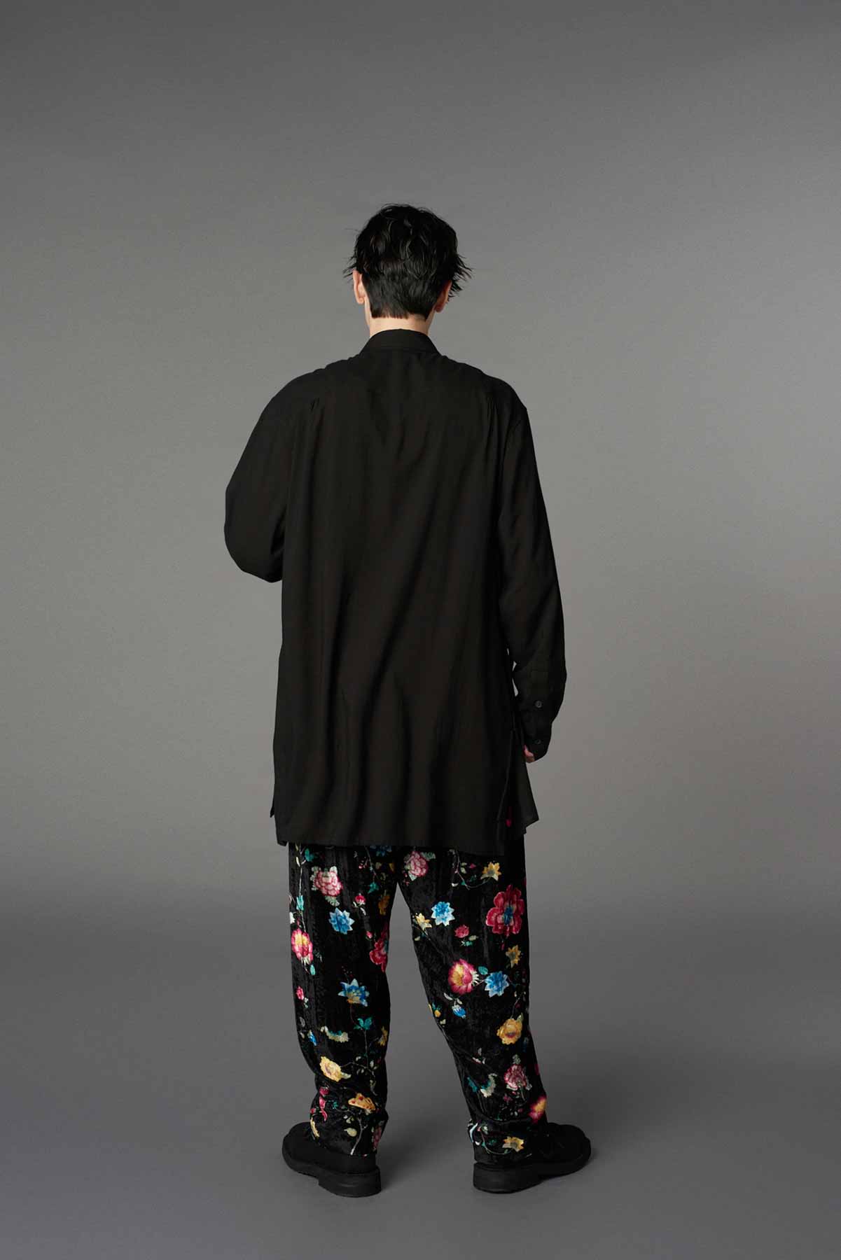 RAYON VELVET PRINT CHINESE FLOWER WAIST DRAWSTRING PANTS