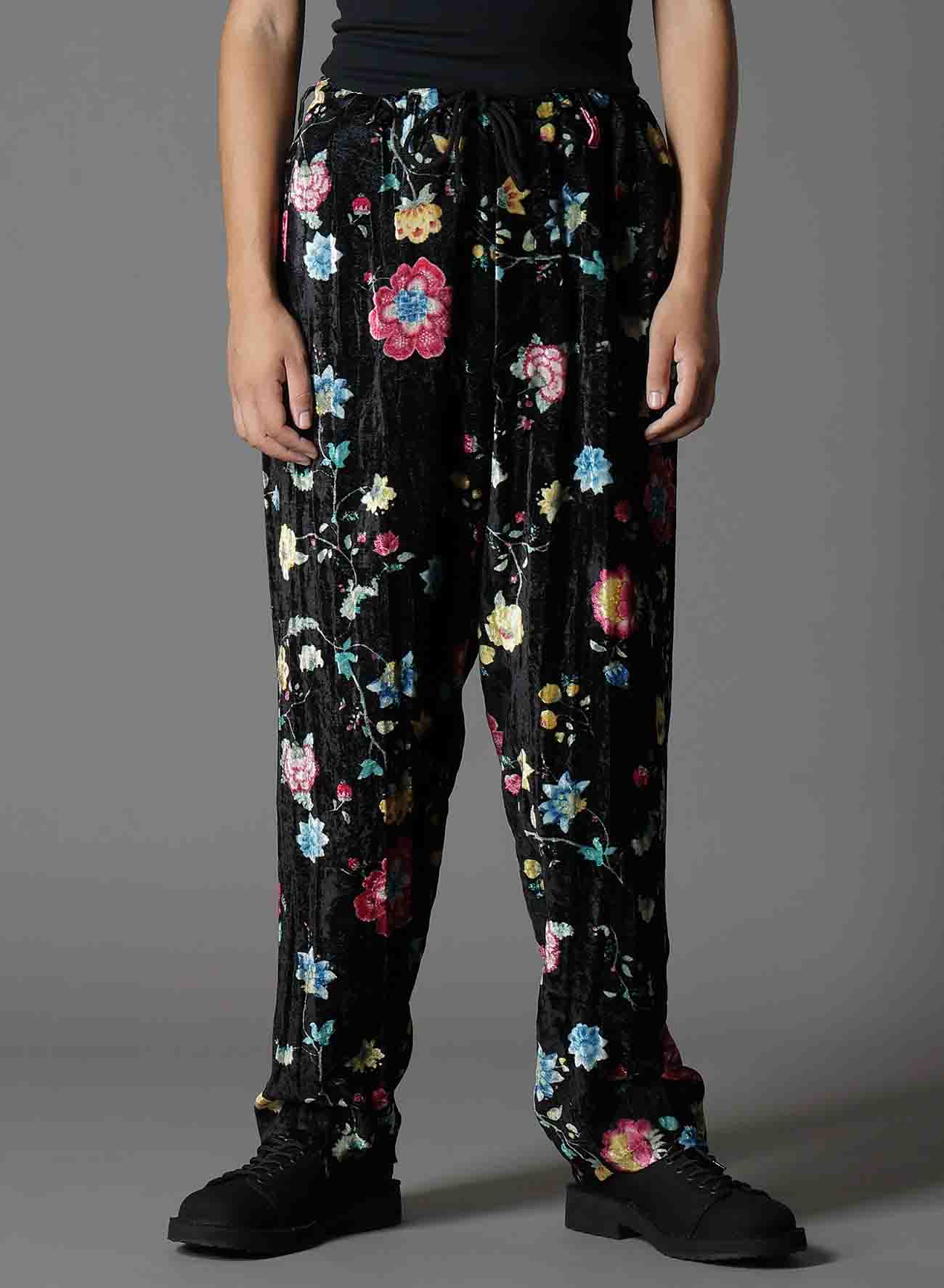 RAYON VELVET PRINT CHINESE FLOWER WAIST DRAWSTRING PANTS