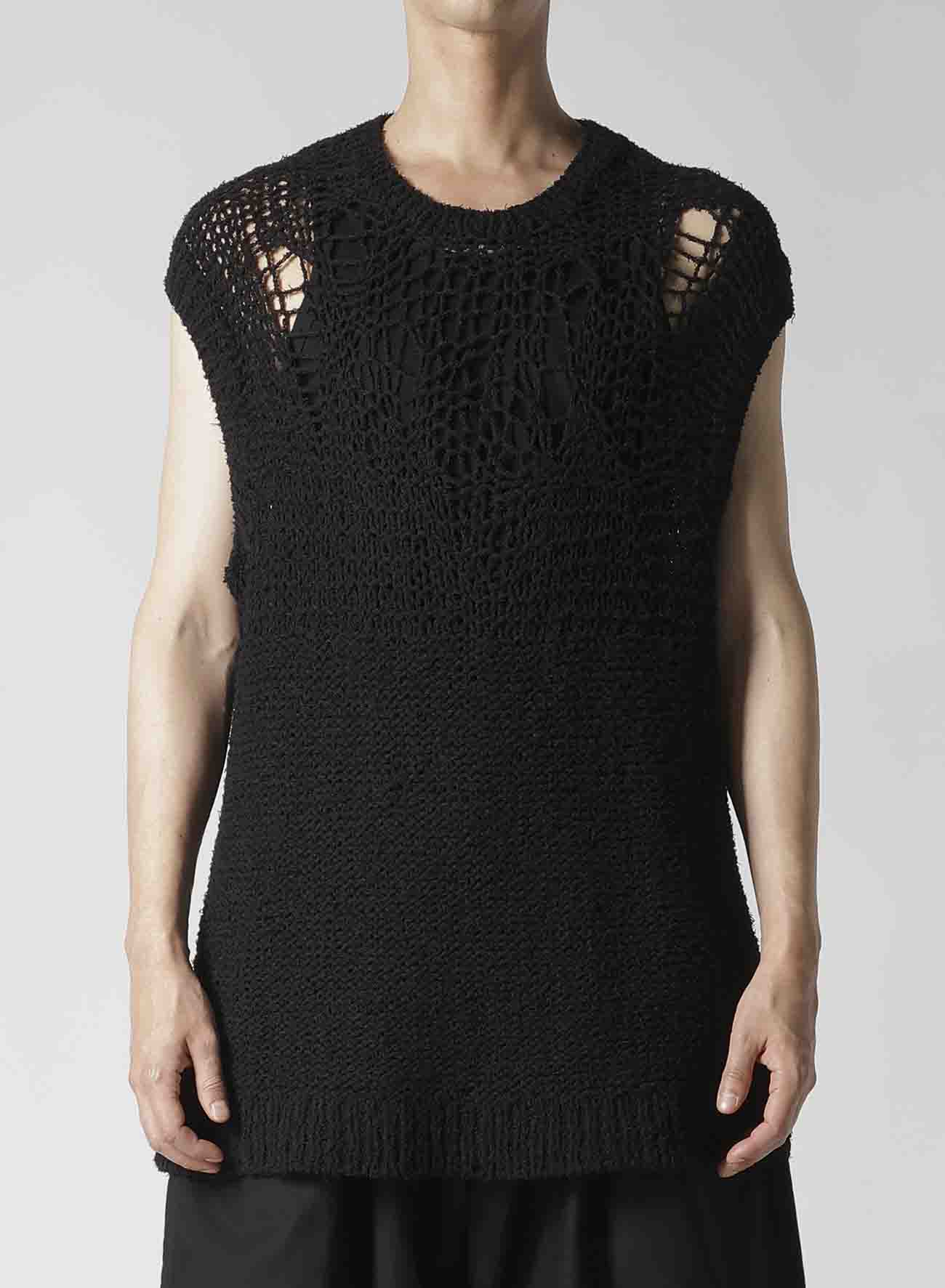 HAND KNITTED DAMAGE PROCESSED GARTER ROUND NECK VEST