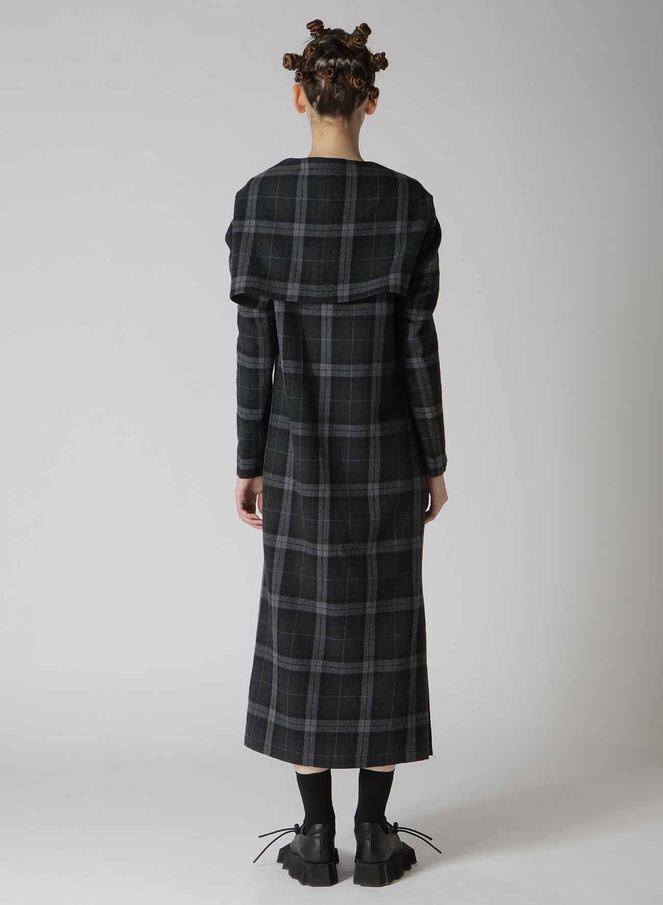 GRAY PLAID TUCKED SLV DRESS