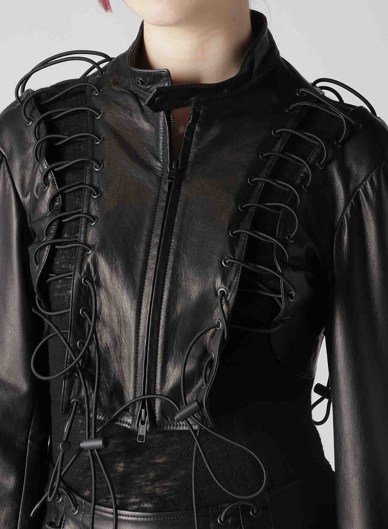 COW LEATHER LACE-UP CROPPED JACKET