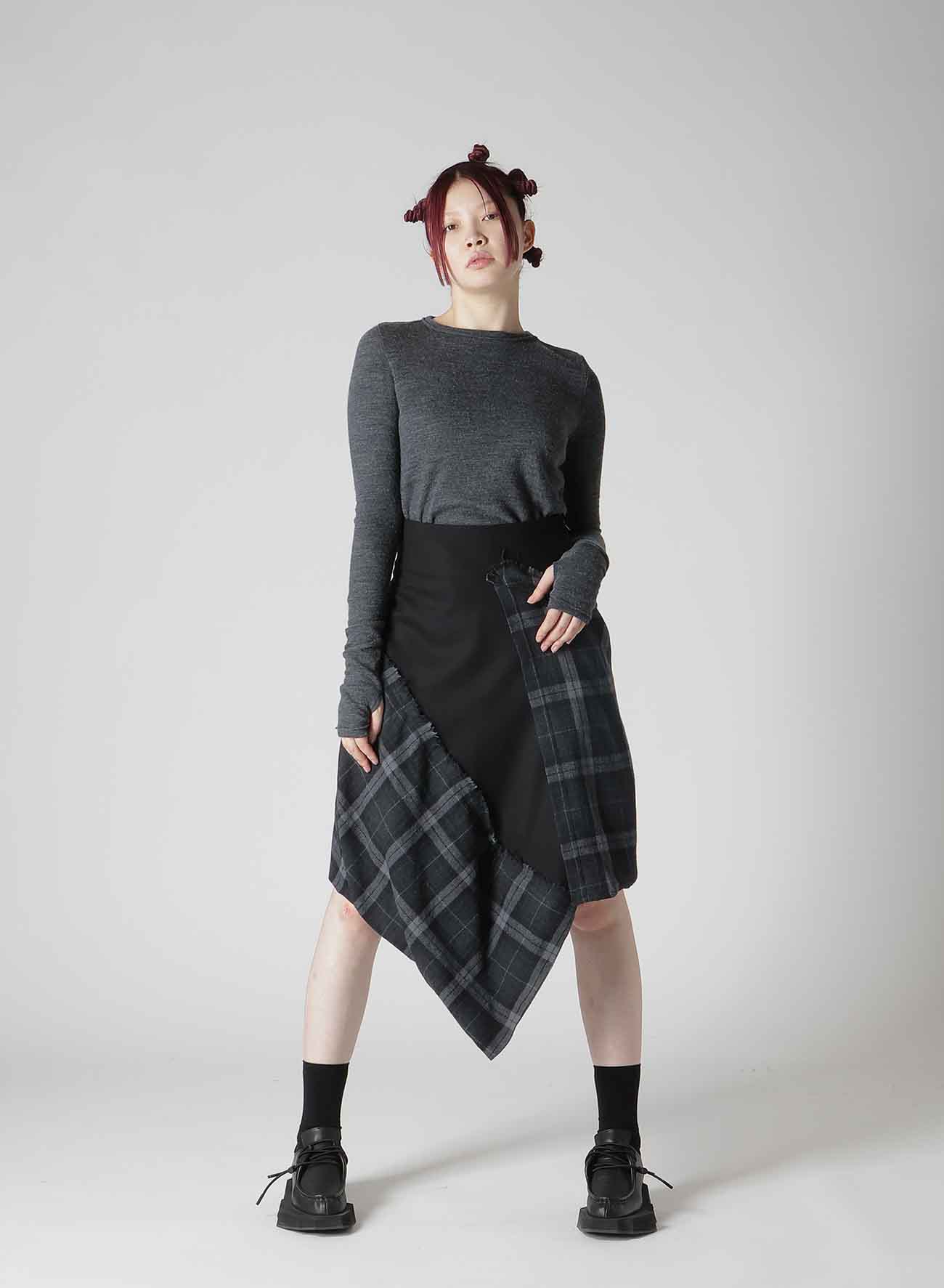 SERGE + PLAID COMBI WRAP SKIRT