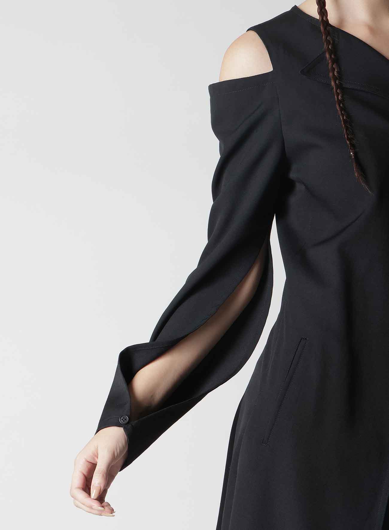 WOOL GABARDINE OPEN SHOULDER DRESS