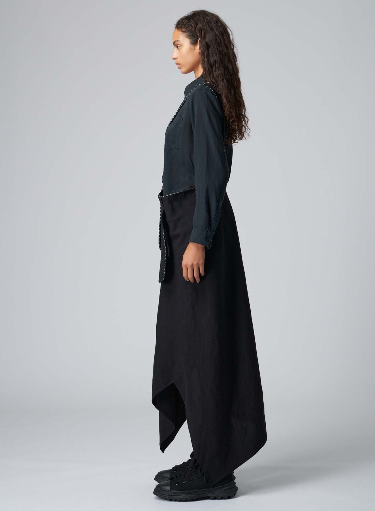 LINEN/RAYON CANVAS ASYMMETRIC SKIRT WITH SHOULDER STRAP