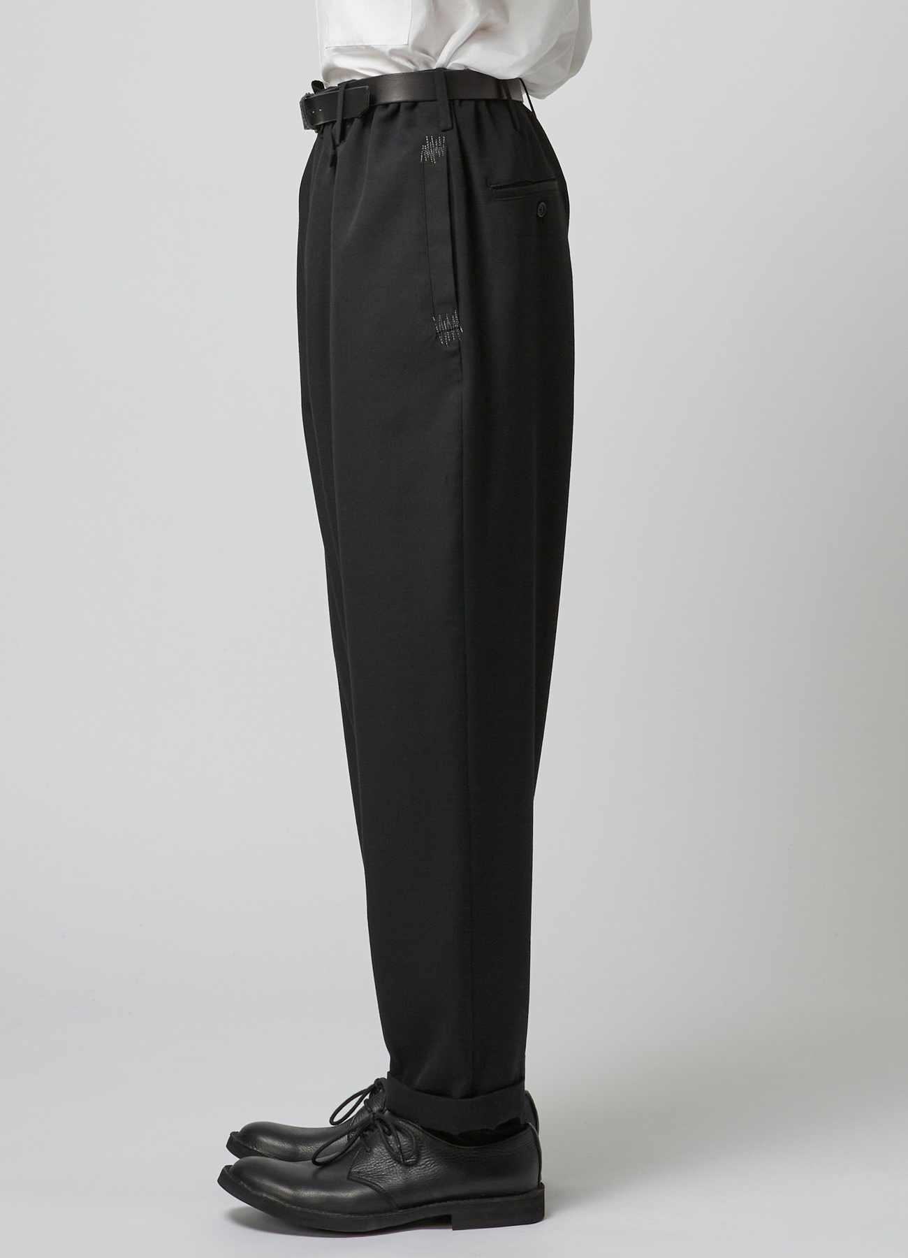 WOOL GABARDINE DRAWSTRING PANTS WITH BOX POCKET ZIG-ZAG STITCH