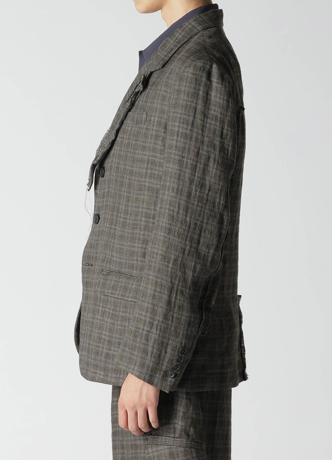 LINEN CROSS PLAID 3-BUTTONS JACKET WITH DECORATIVE CLOTH