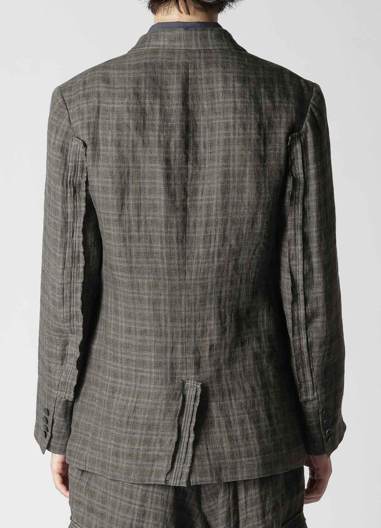 LINEN CROSS PLAID 3-BUTTONS JACKET WITH DECORATIVE CLOTH