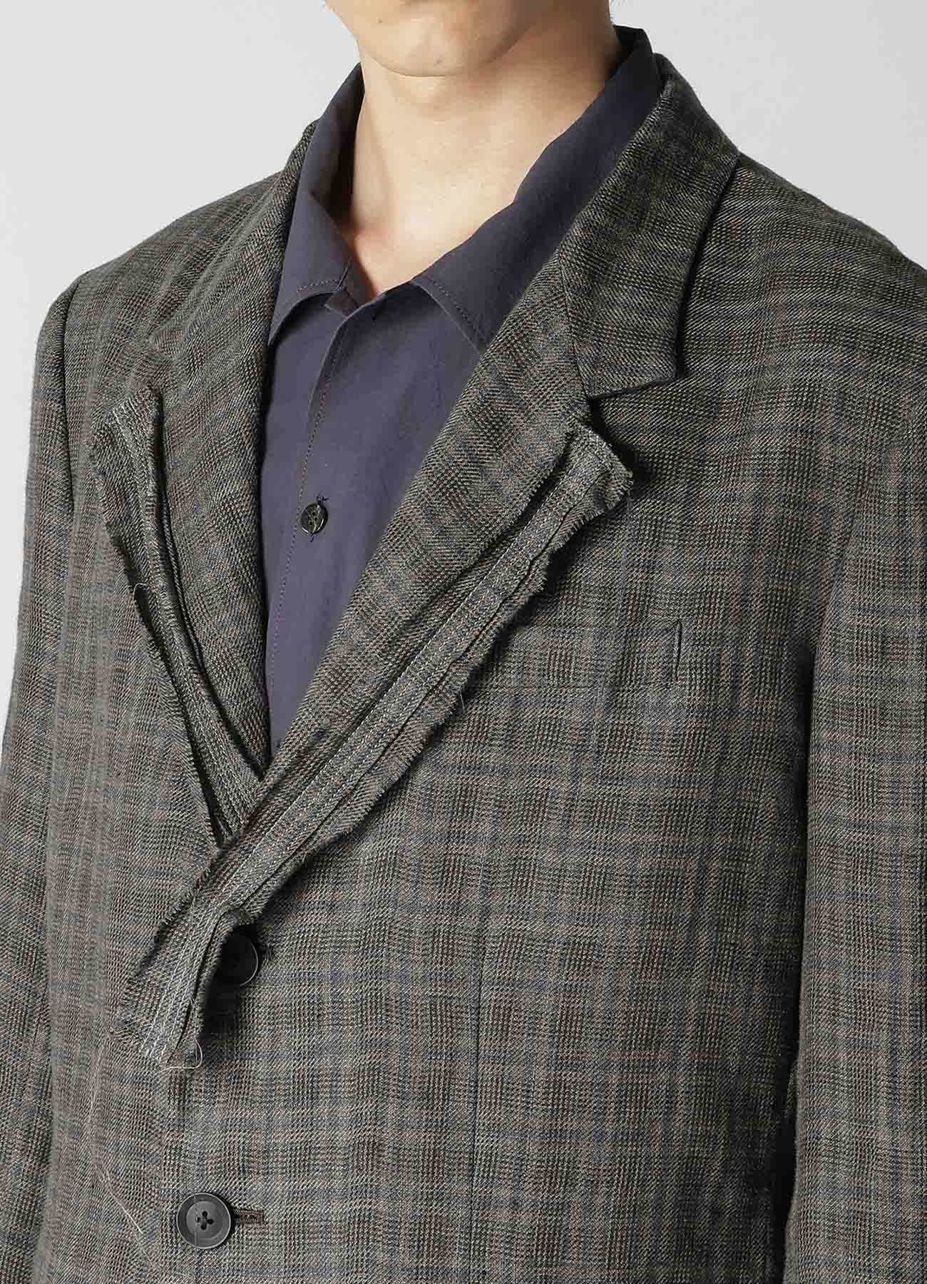 LINEN CROSS PLAID 3-BUTTONS JACKET WITH DECORATIVE CLOTH