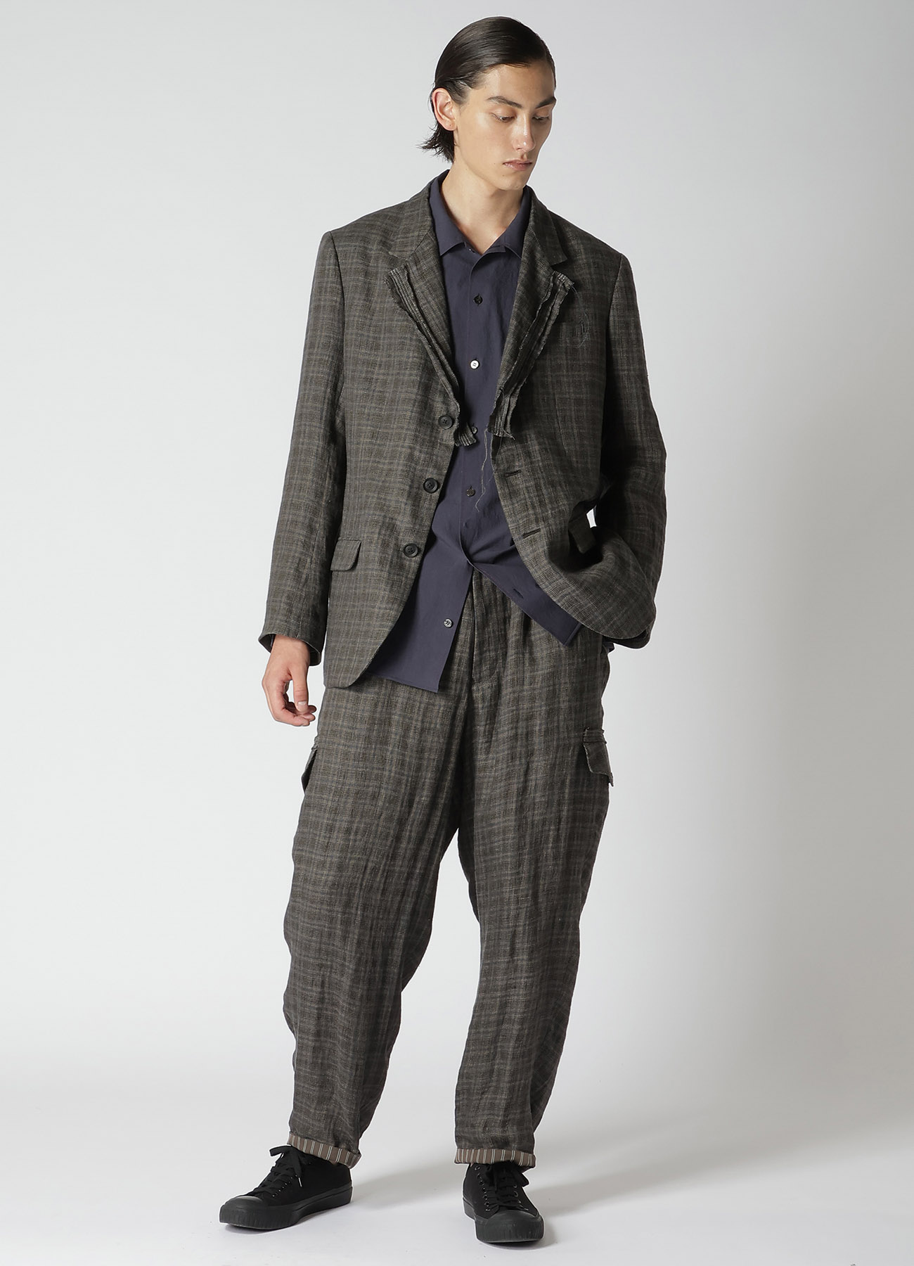 LINEN CROSS PLAID 3-BUTTONS JACKET WITH DECORATIVE CLOTH