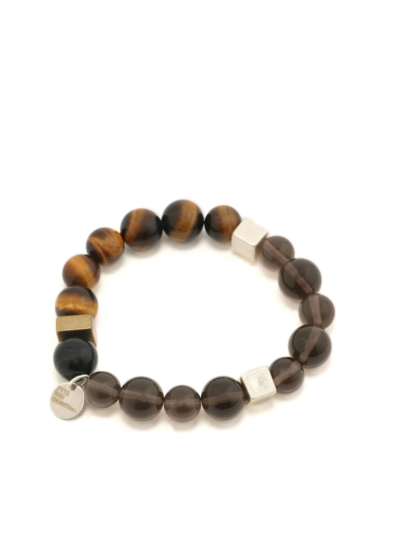 TIGER'S EYE+SMOKY QUARTZ BRASS BRACELET