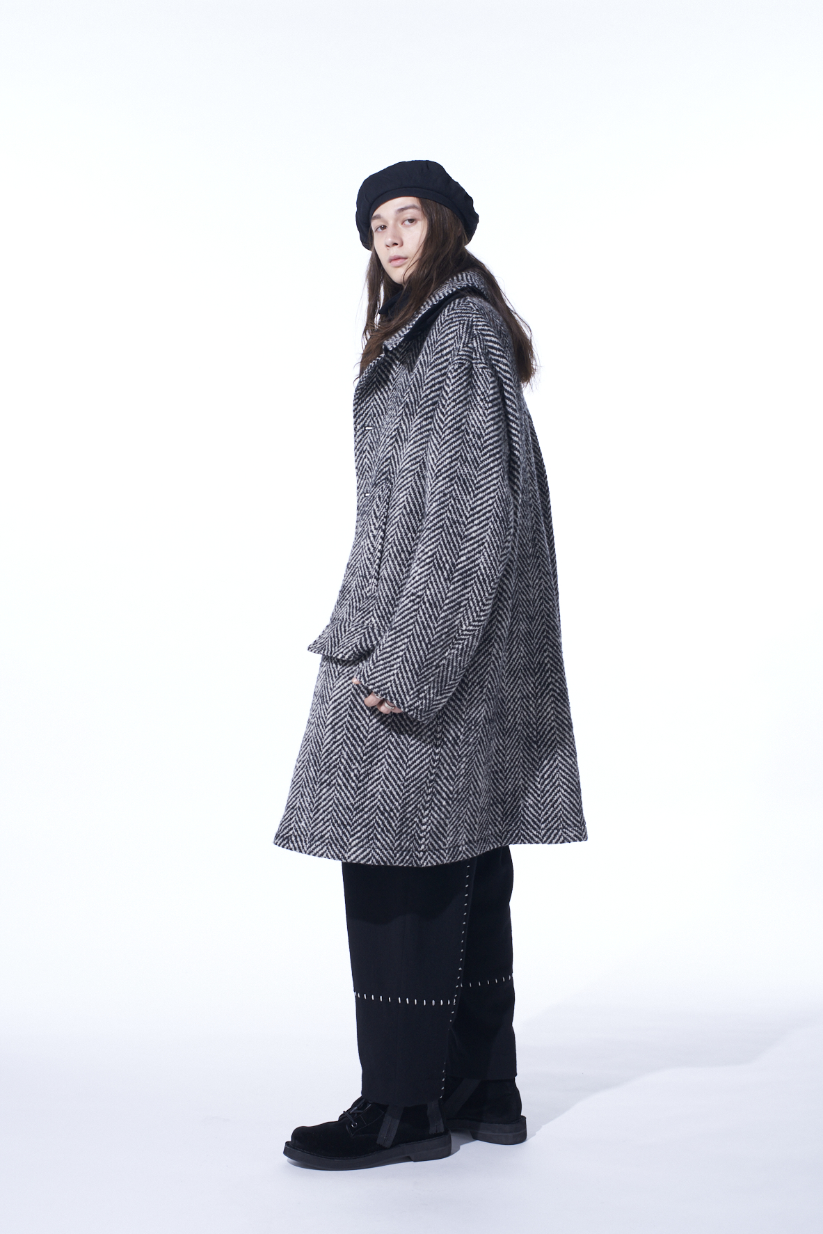 HERRINGBONE TWEED OVERSIZED SOUTIEN COLLAR COAT