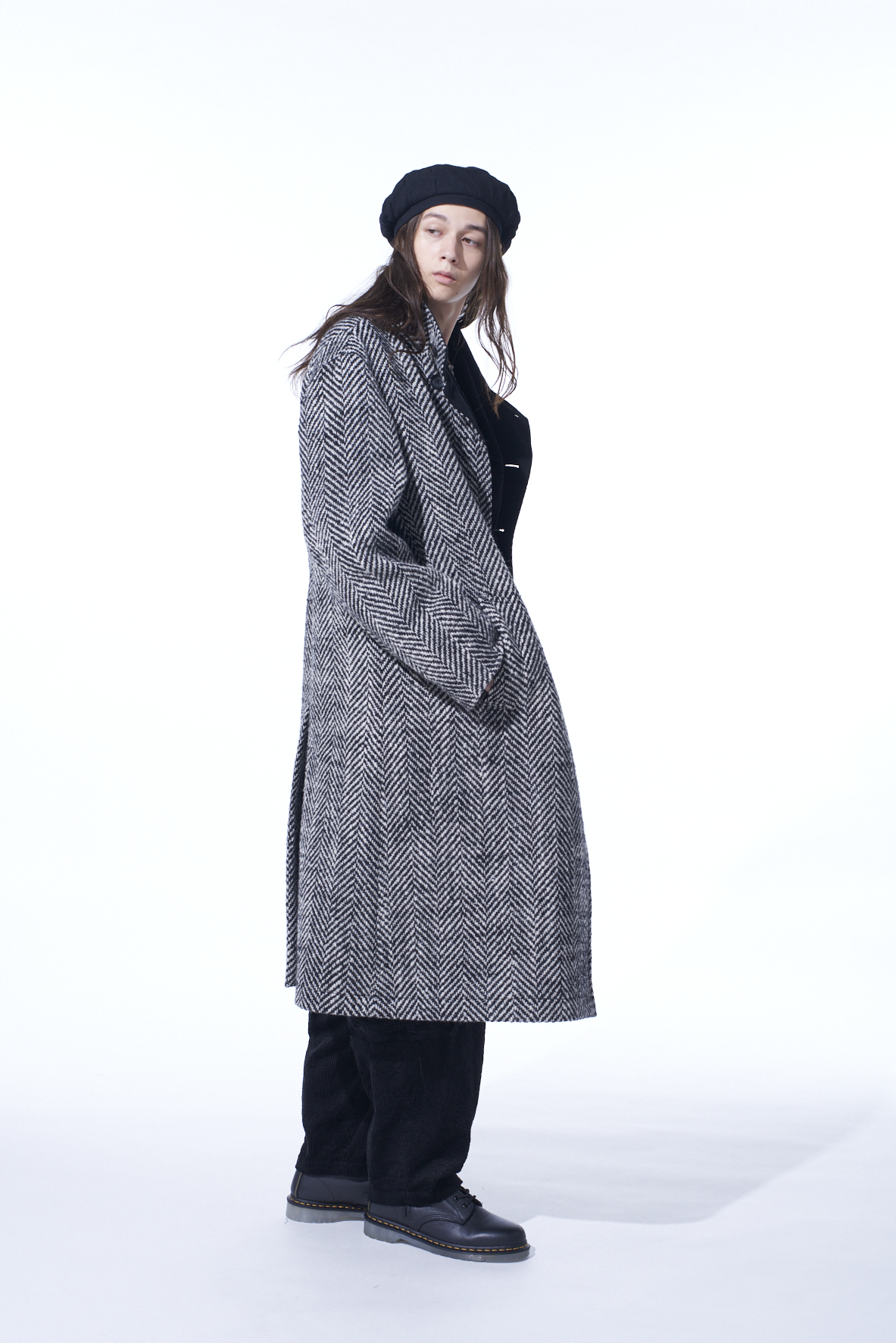 HERRINGBONE TWEED STAND COLLAR COAT