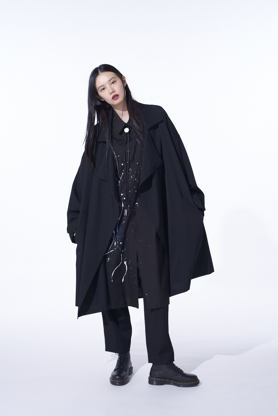 WASHER WOOL GABARDINE FLAME DOUBLE DRAPE COAT