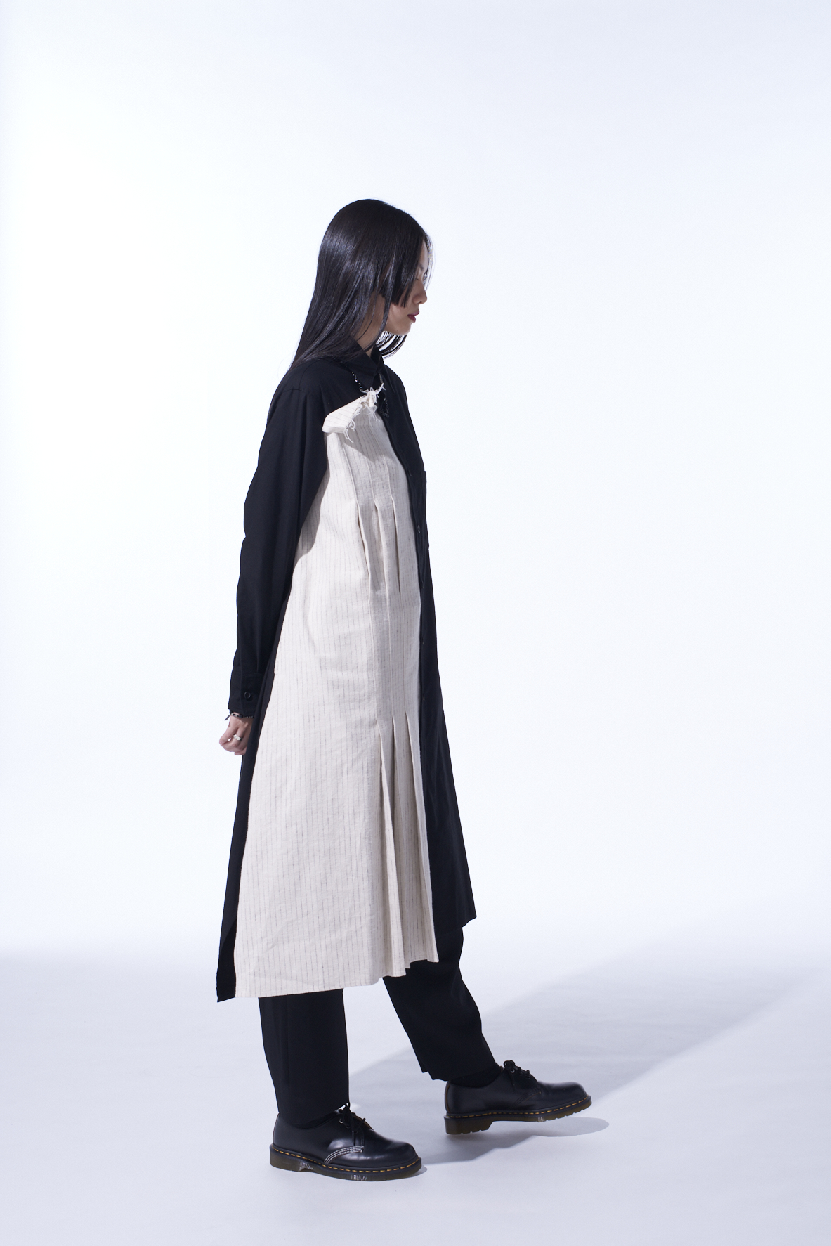 COTTON TWILL SHIRT DRESS WITH STRIPED PLEATED FABRIC