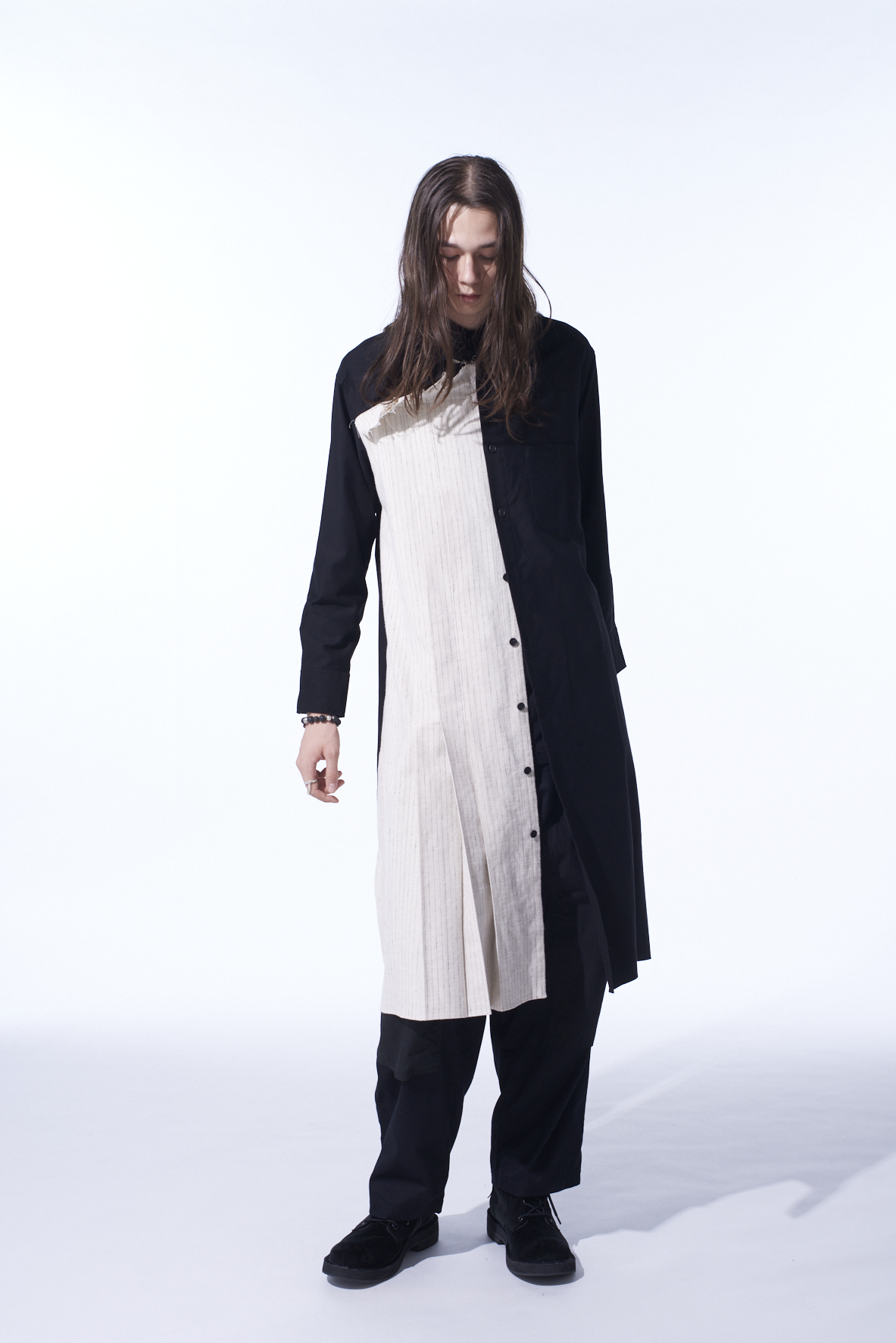 COTTON TWILL SHIRT DRESS WITH STRIPED PLEATED FABRIC