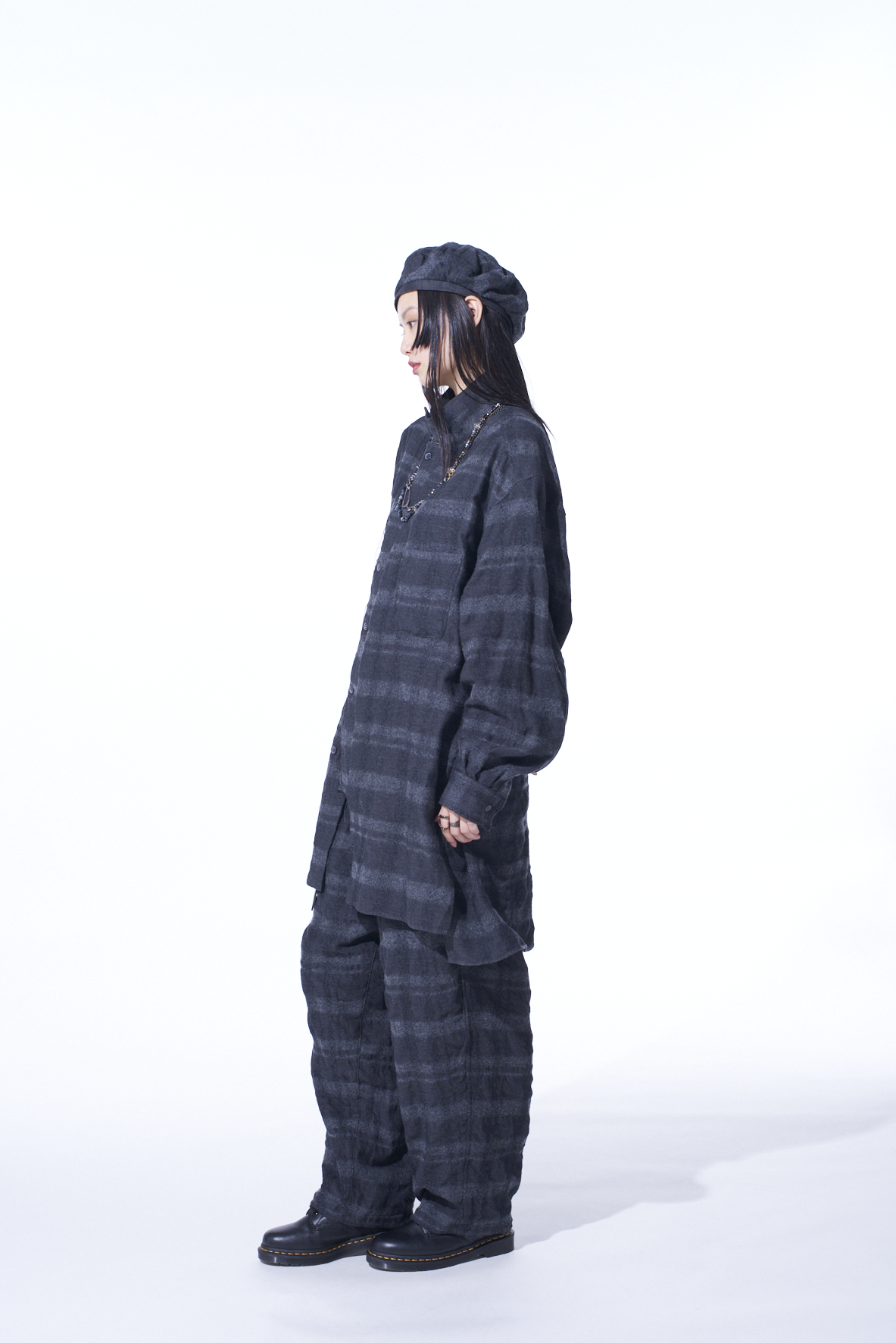 FULLING FINISHED SHADOW CHECK 3-TUCK WIDE TROUSERS