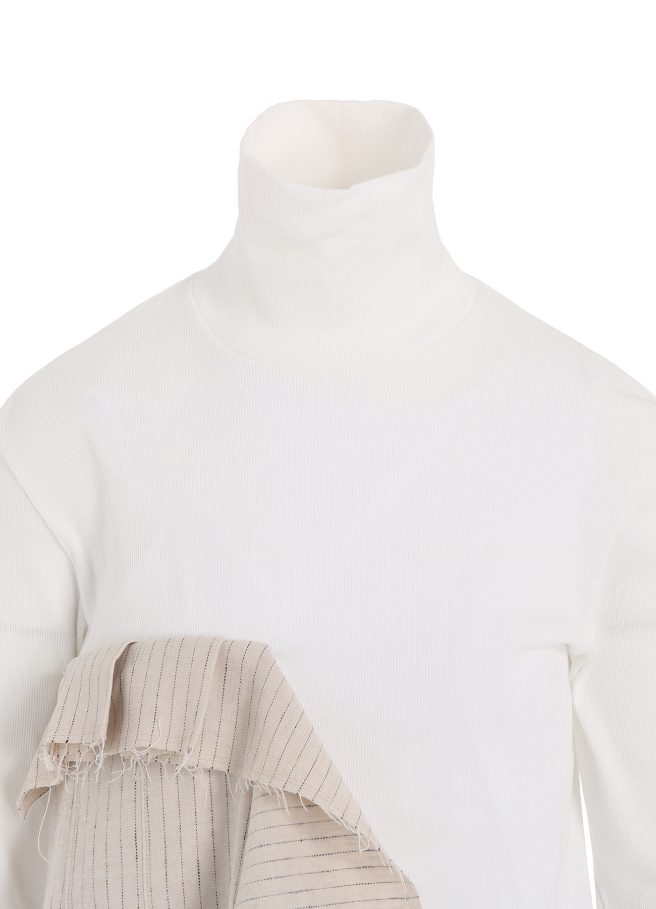 COTTON RIB JERSEY LONG-SLEEVED HIGH-NECK T-SHIRT WITH PLEATED STRIPES FABRIC