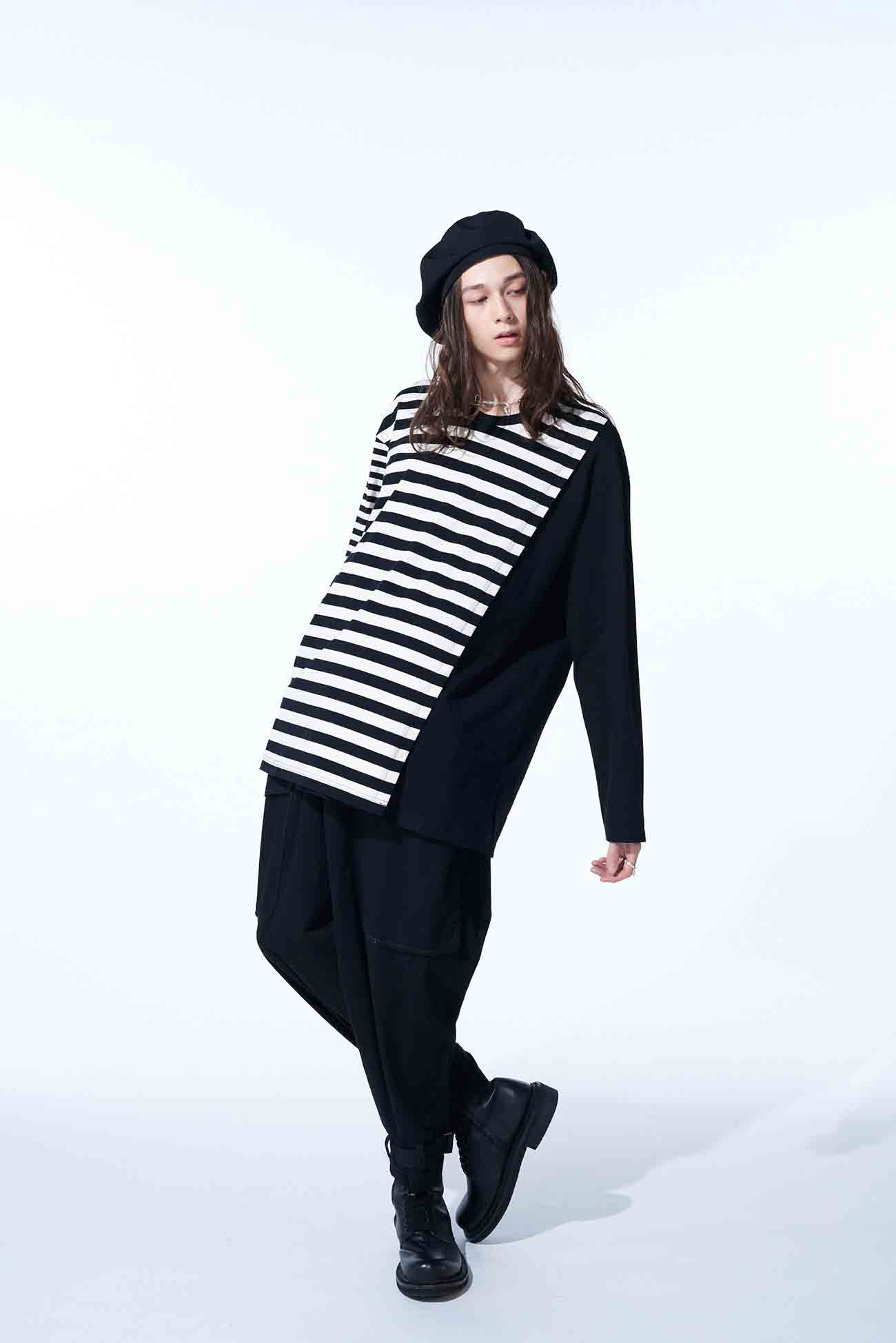 COTTON JERSEY FUSED STRIPE LAYERED LONG-SLEEVED T-SHIRT