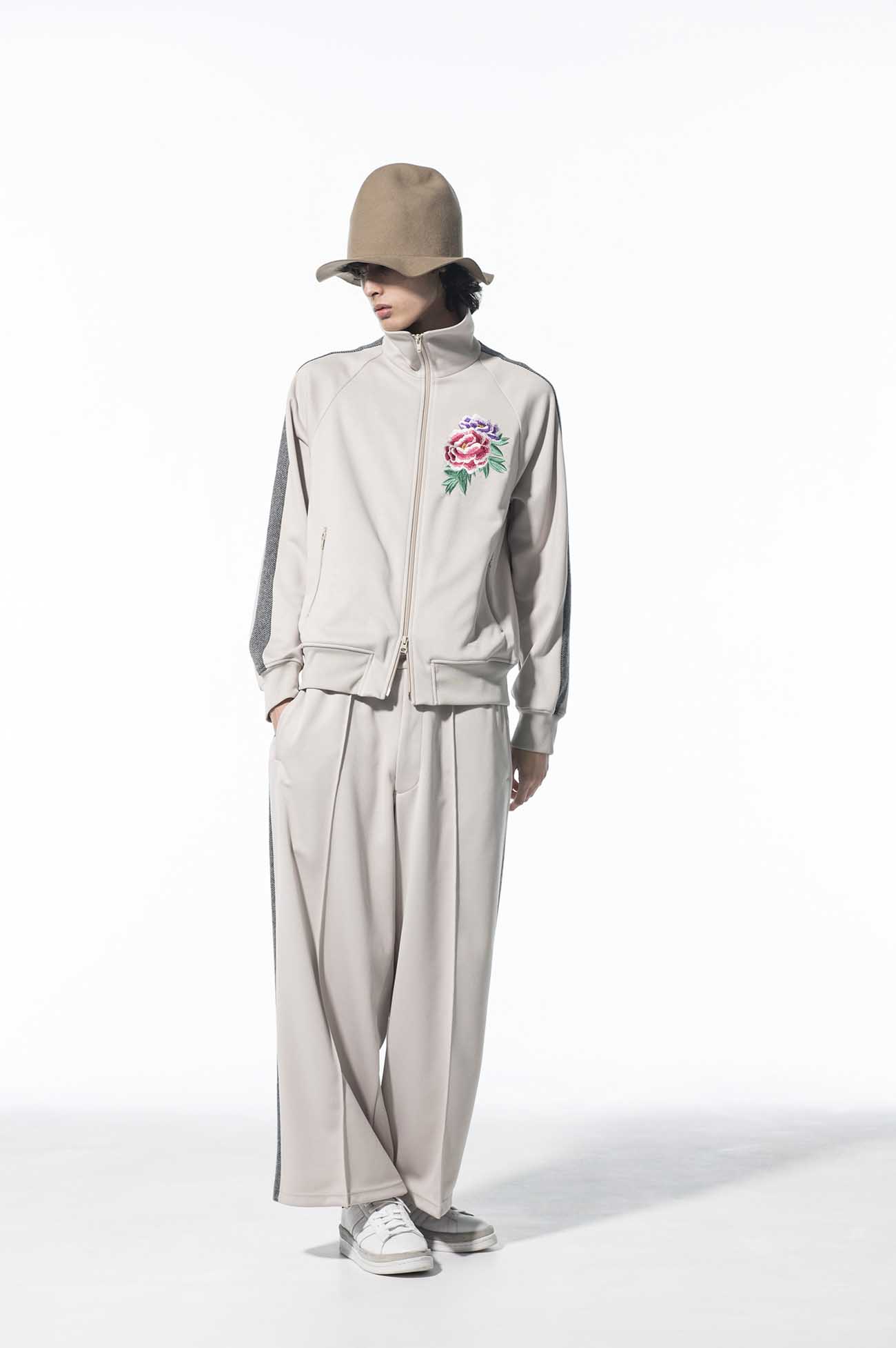 Pe/Smooth Jersey Peony Flower Embroidery Raglan Tweed Line Track Jacket <Beige>