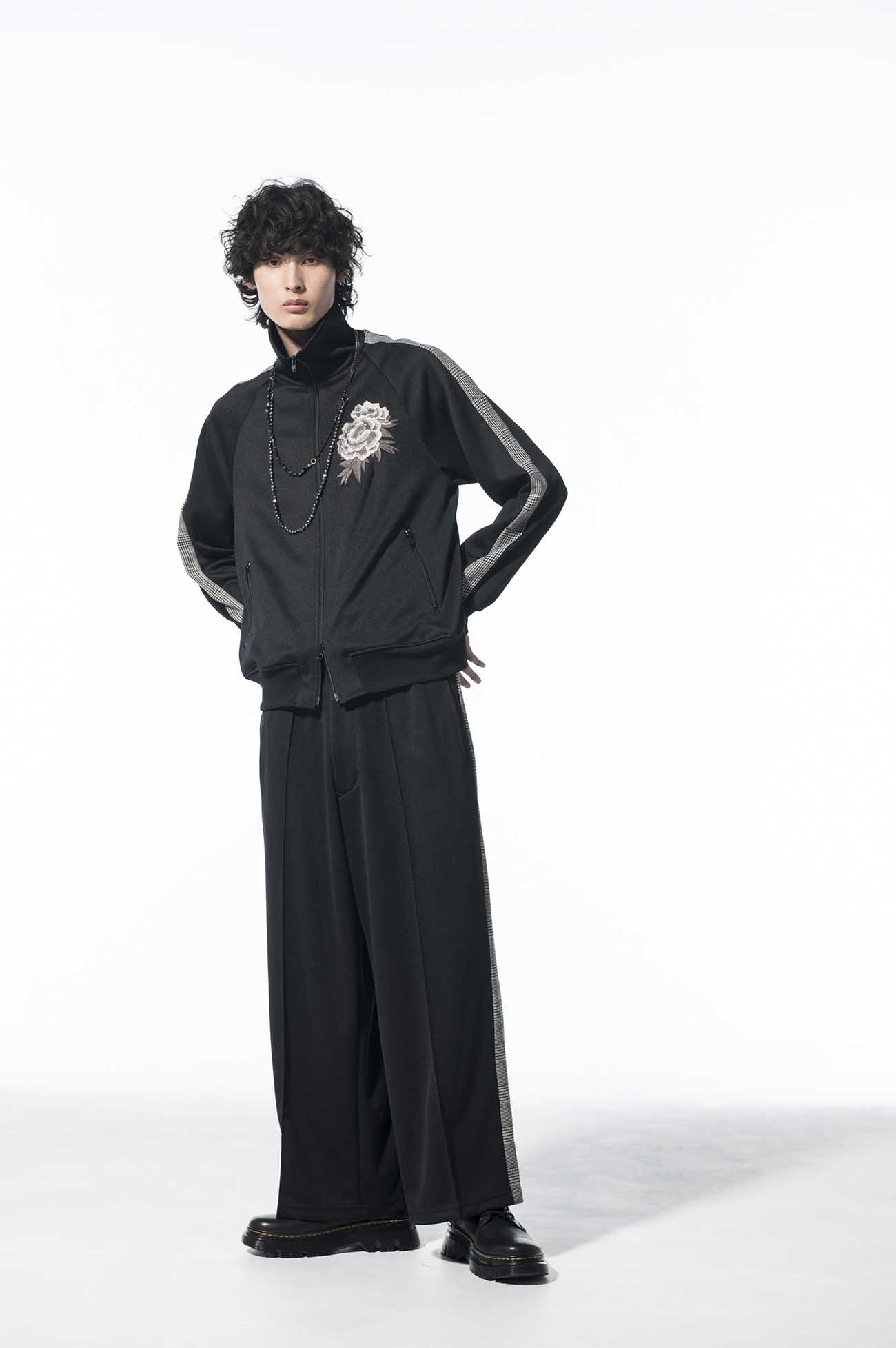 Pe/Smooth Jersey Peony Flower Embroidery Raglan Tweed Line Track Jacket <Black>