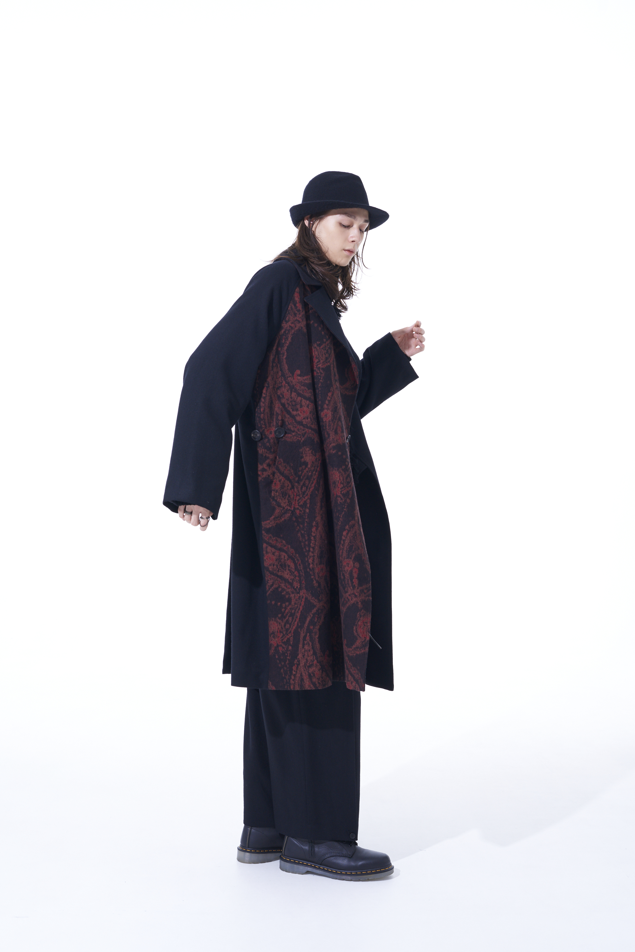 BLENDED ETERMINE TIE-LOCKEN COAT WITH FABRIC SWITCH DESIGN ON RIGHT FRONT