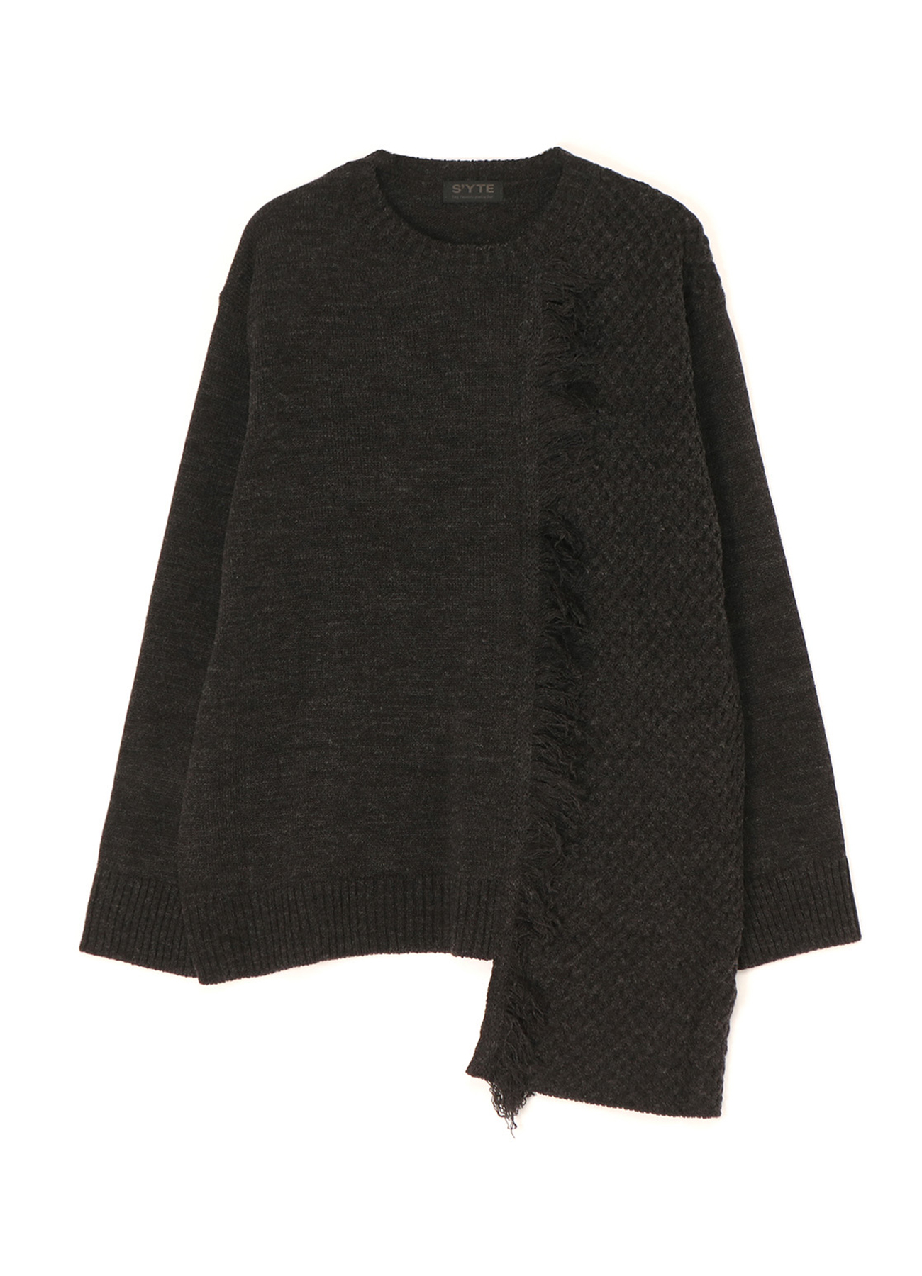 ASYMMETRICAL DESIGN KNIT WITH FRINGE DETAIL SWITCHED TO JACQUARD KNITTING