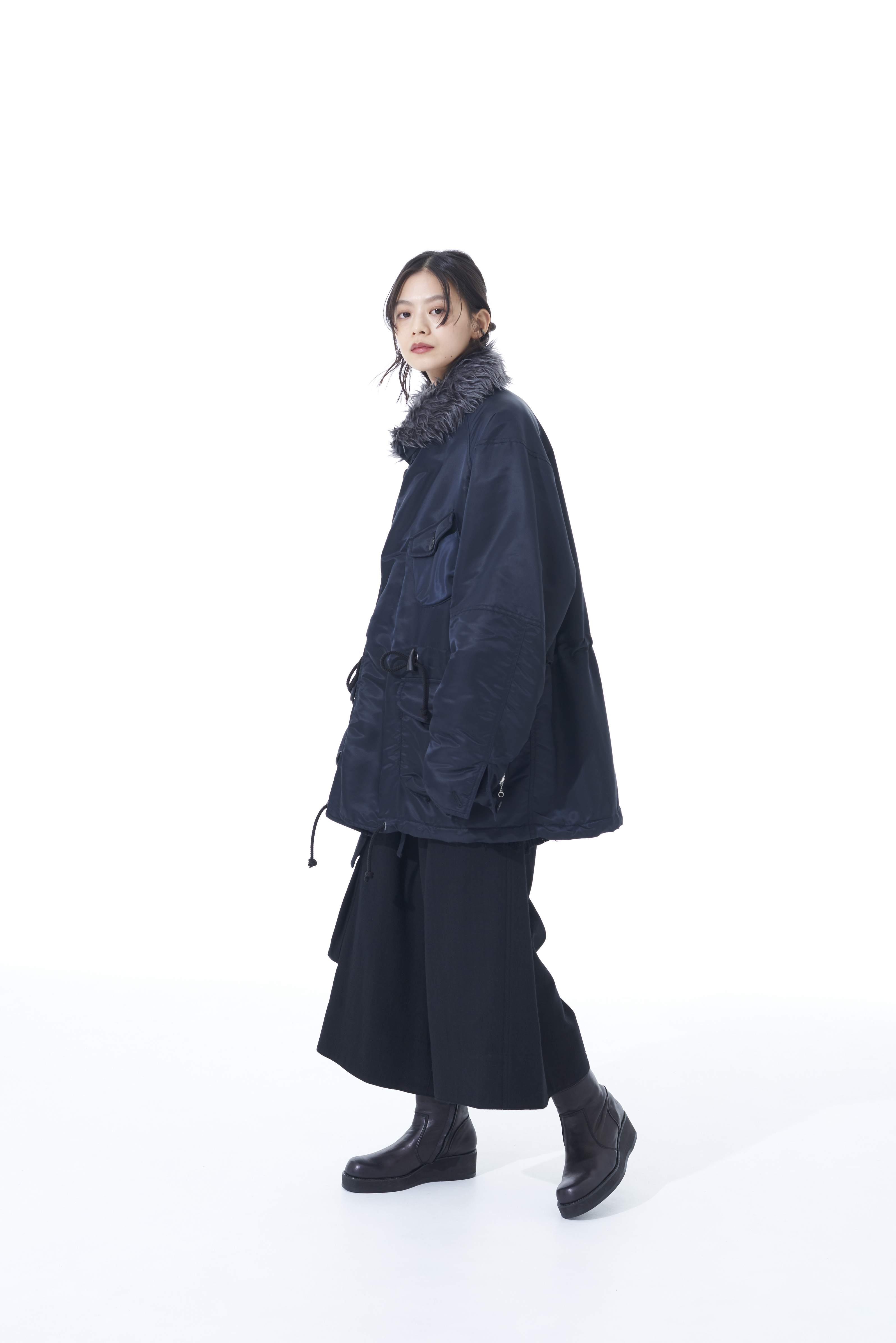 WATER-REPELLENT NYLON TWILL SHAWL COLLAR BLOUSON WITH FUR COLLAR