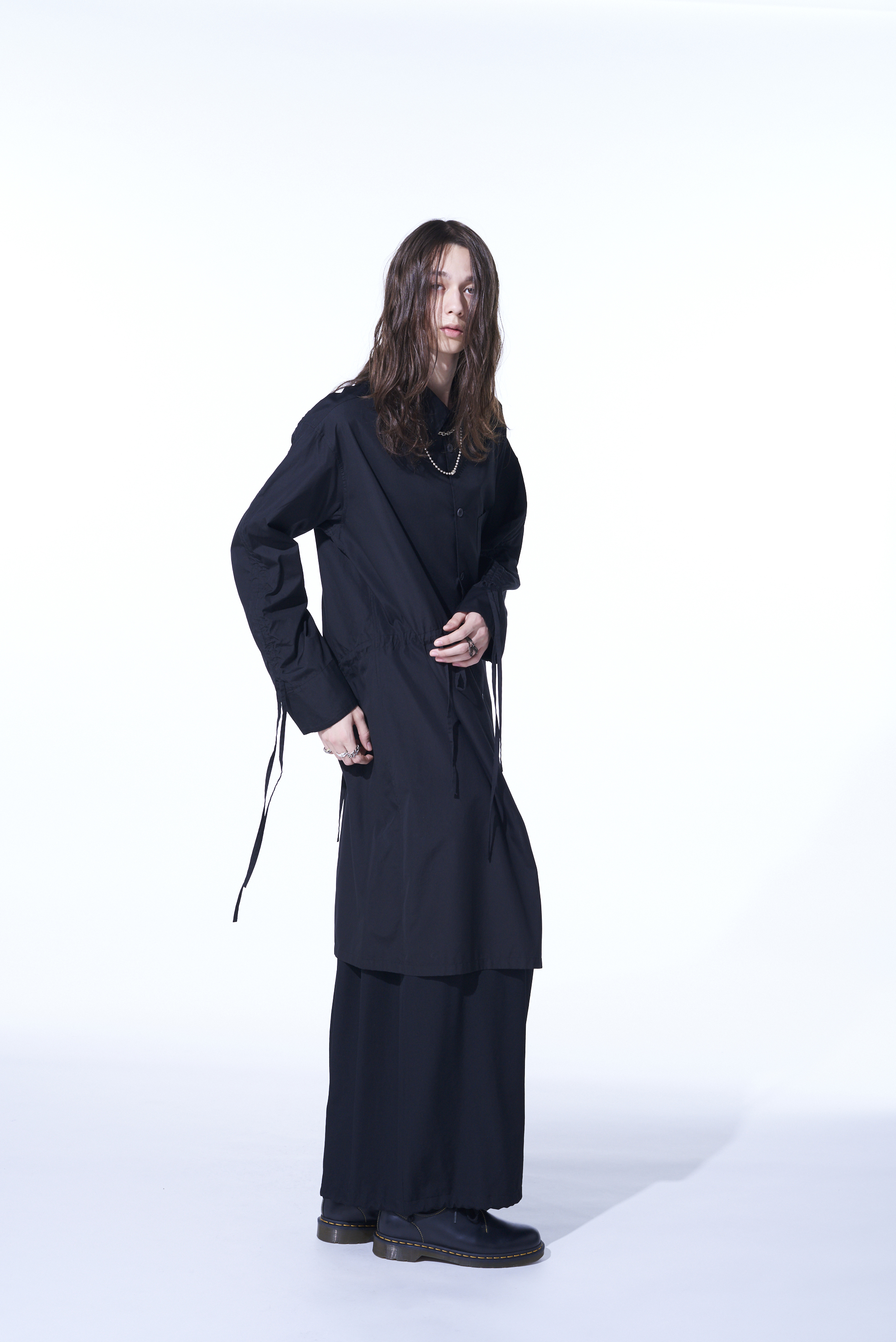 COTTON BROAD CLOTH OVERSIZED LONG SHIRT WITH GATHERED STRINGS