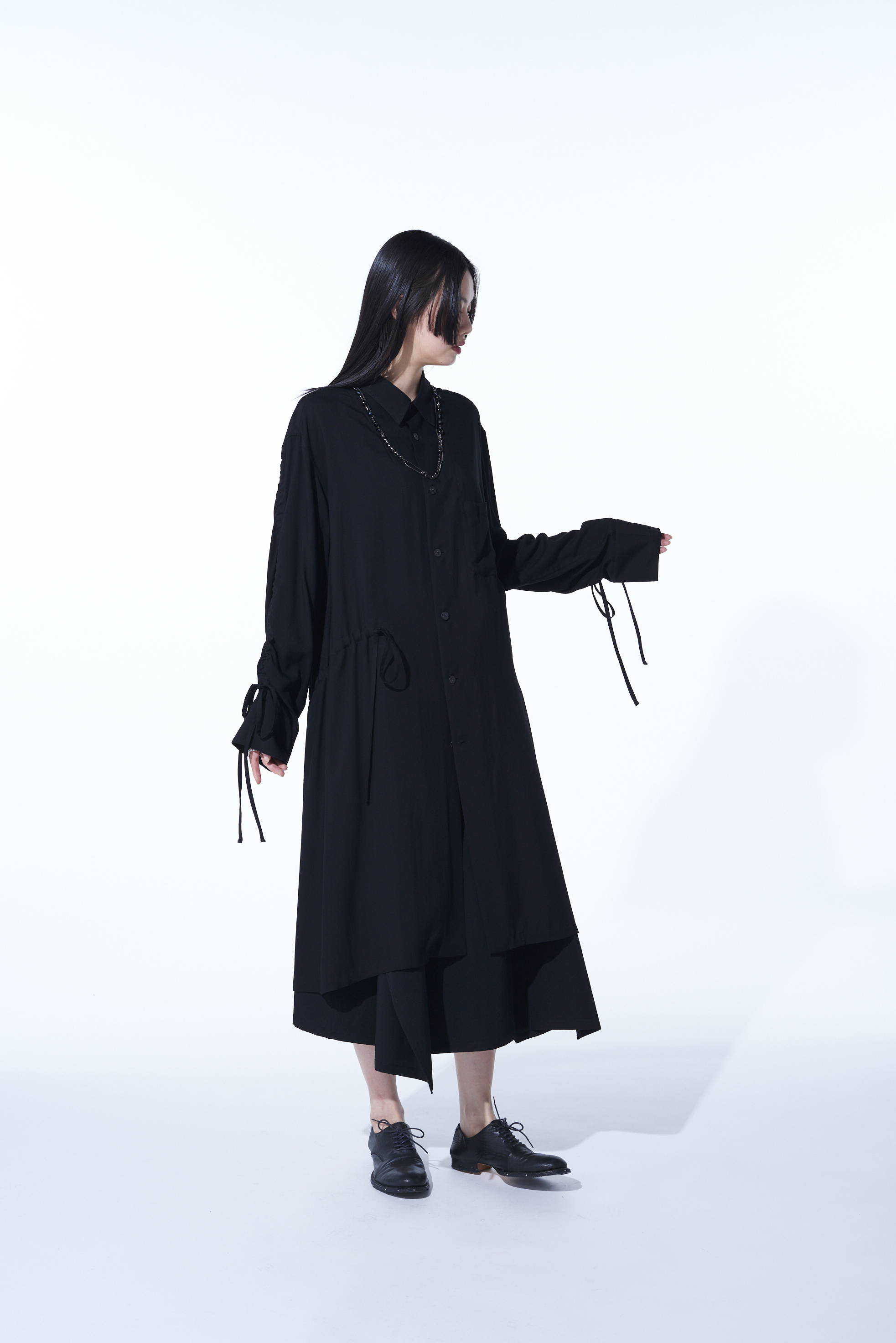 RAYON WASHER TWILL OVERSIZED LONG SHIRT WITH GATHERED STRINGS