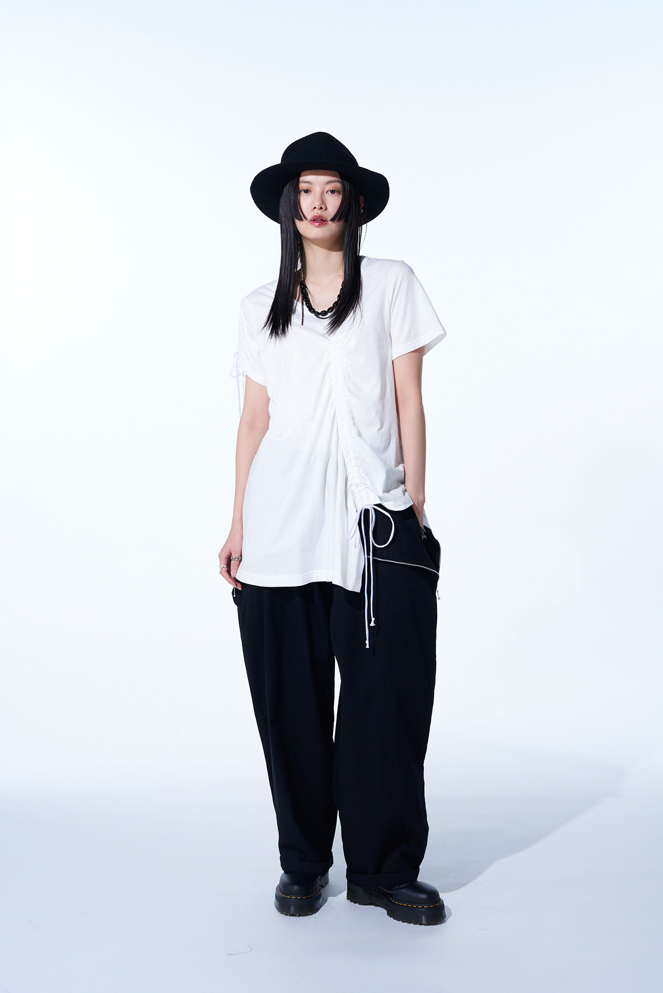 COTTON JERSEY ASYMMETRICAL T-SHIRT WITH GATHERED STRINGS