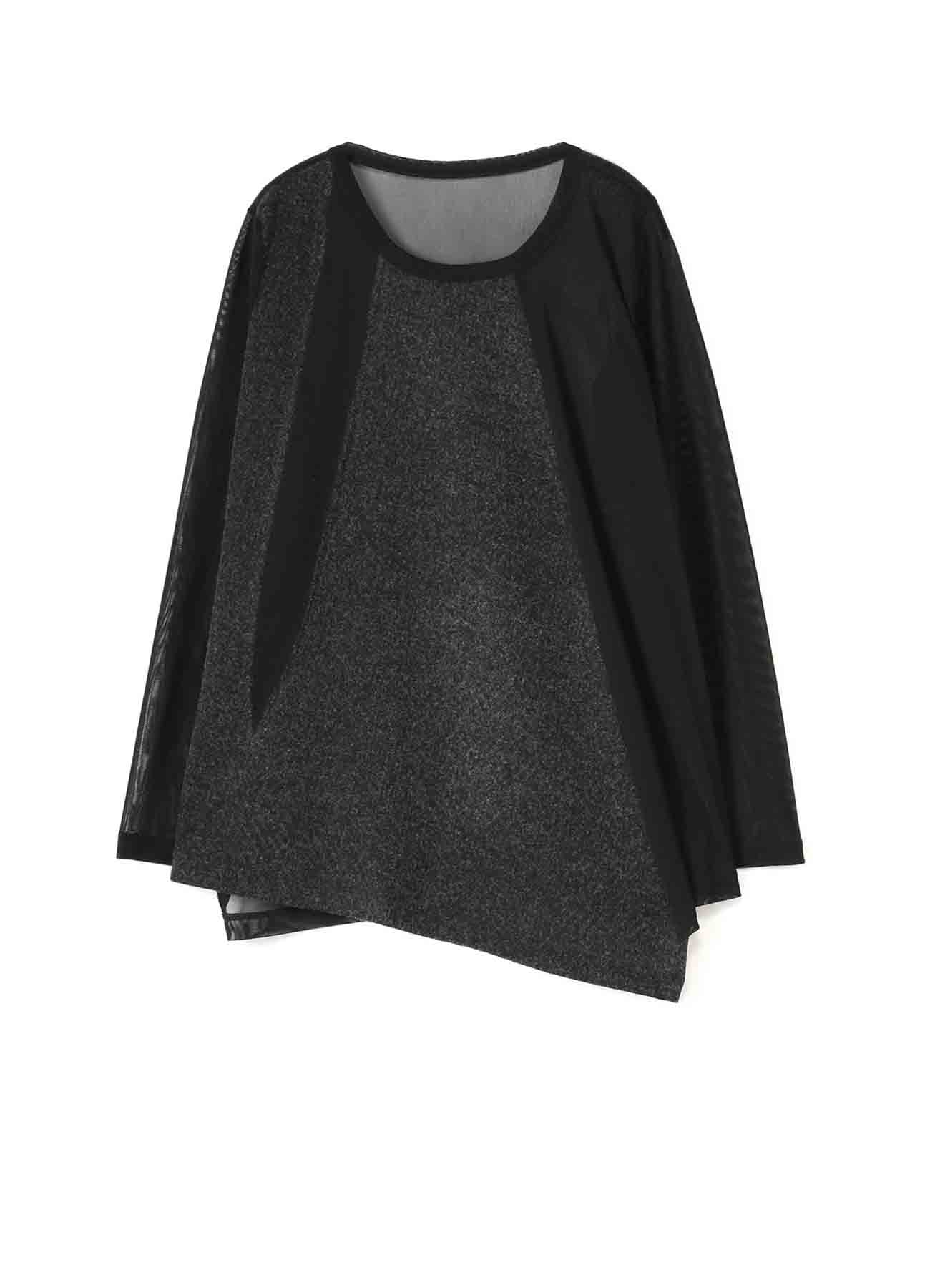 POLYESTER TULLE x WOOL NEEDLE PUNCH HEM FLARE LONG SLEEVE T-SHIRT