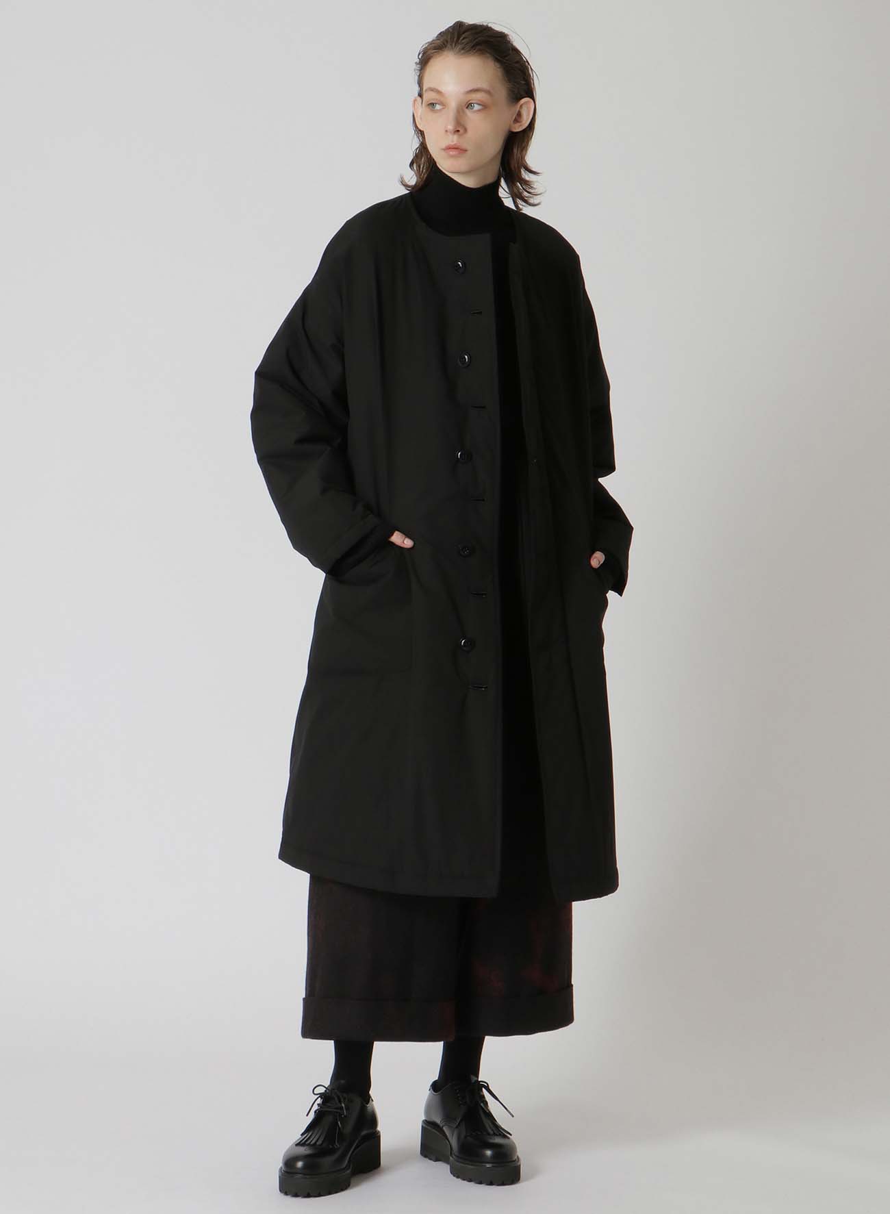 TYPEWRITER POLYESTER COLLARLESS COAT