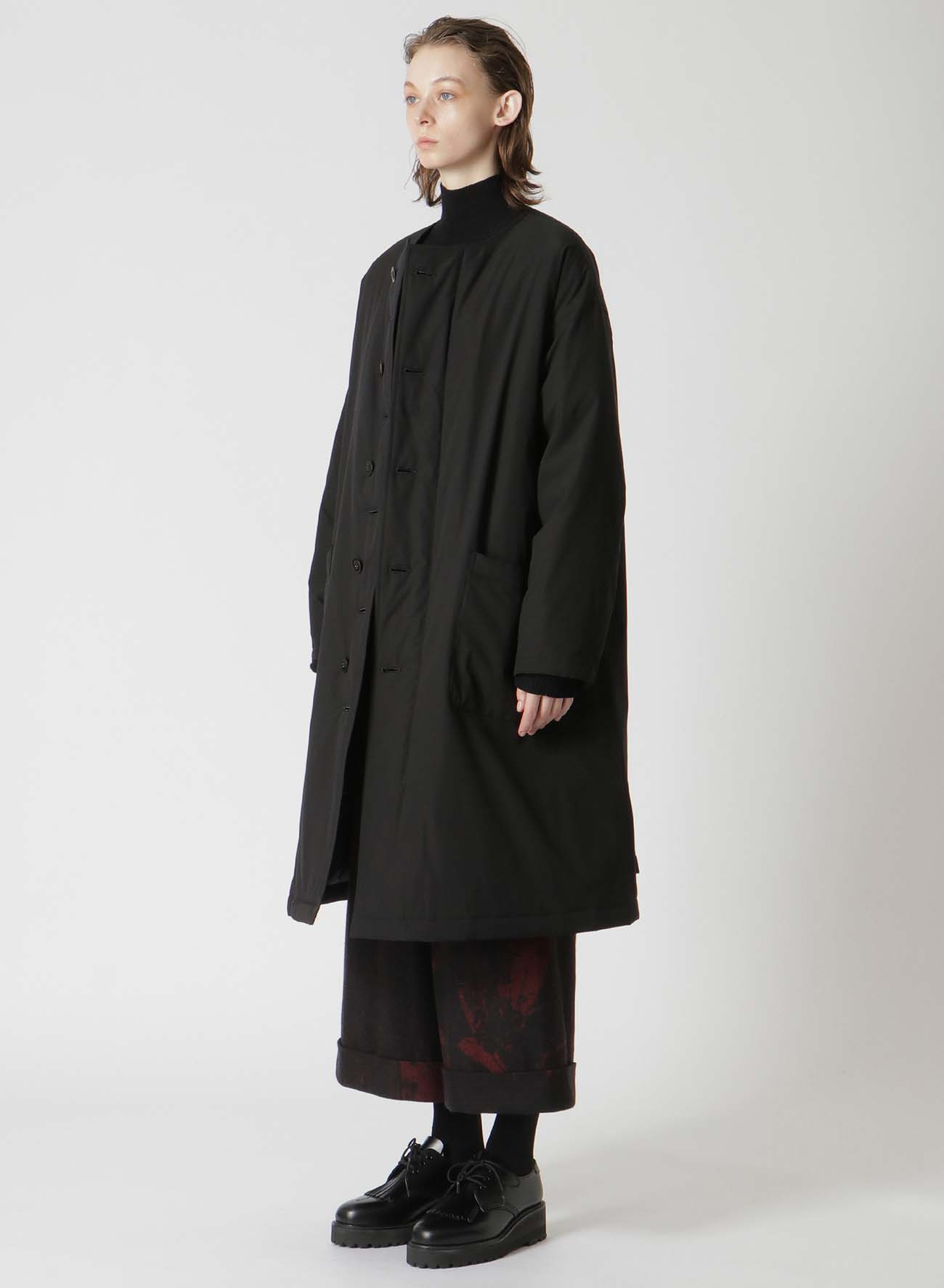 TYPEWRITER POLYESTER COLLARLESS COAT