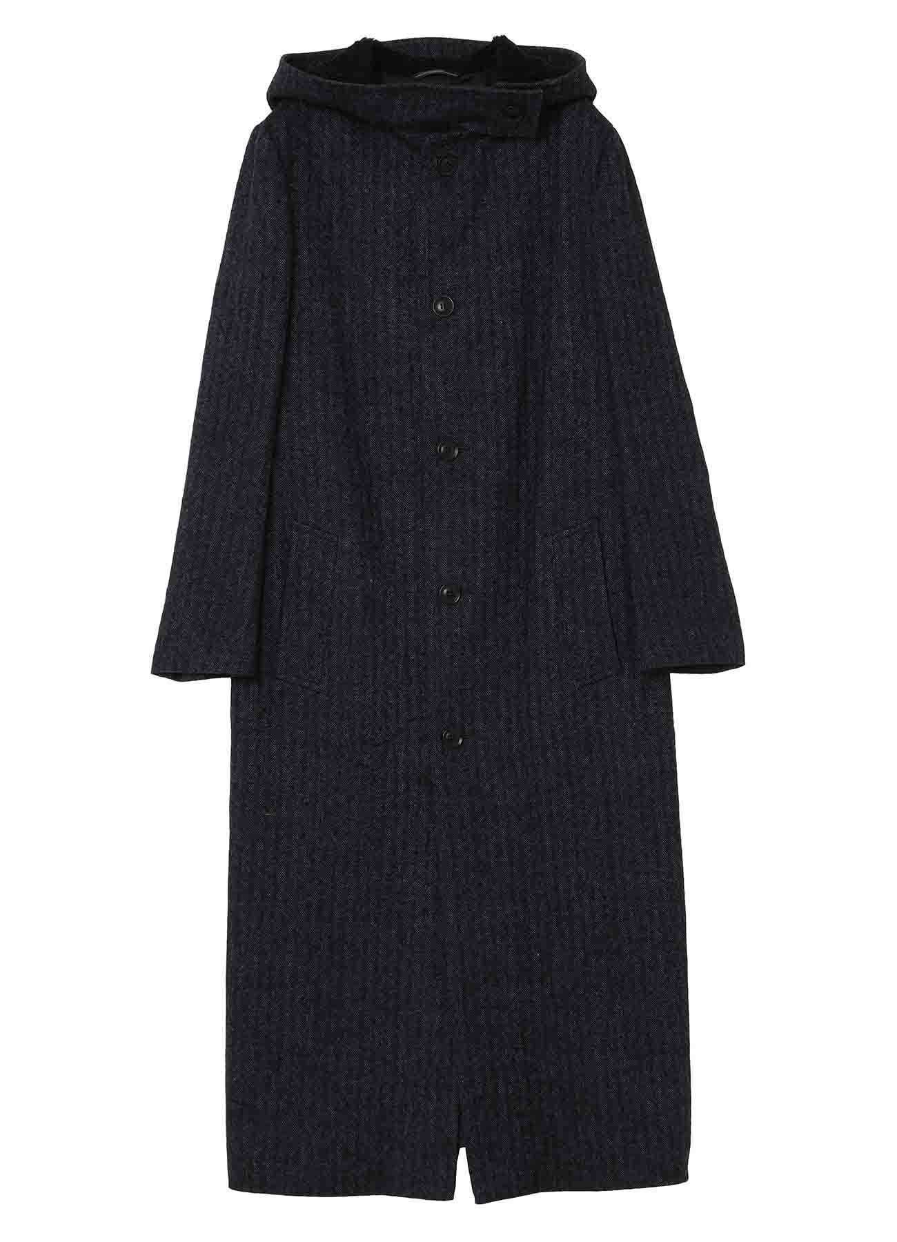 LINEN/WOOL RAISED HERRINGBONE LONG COAT WITH HOODIE