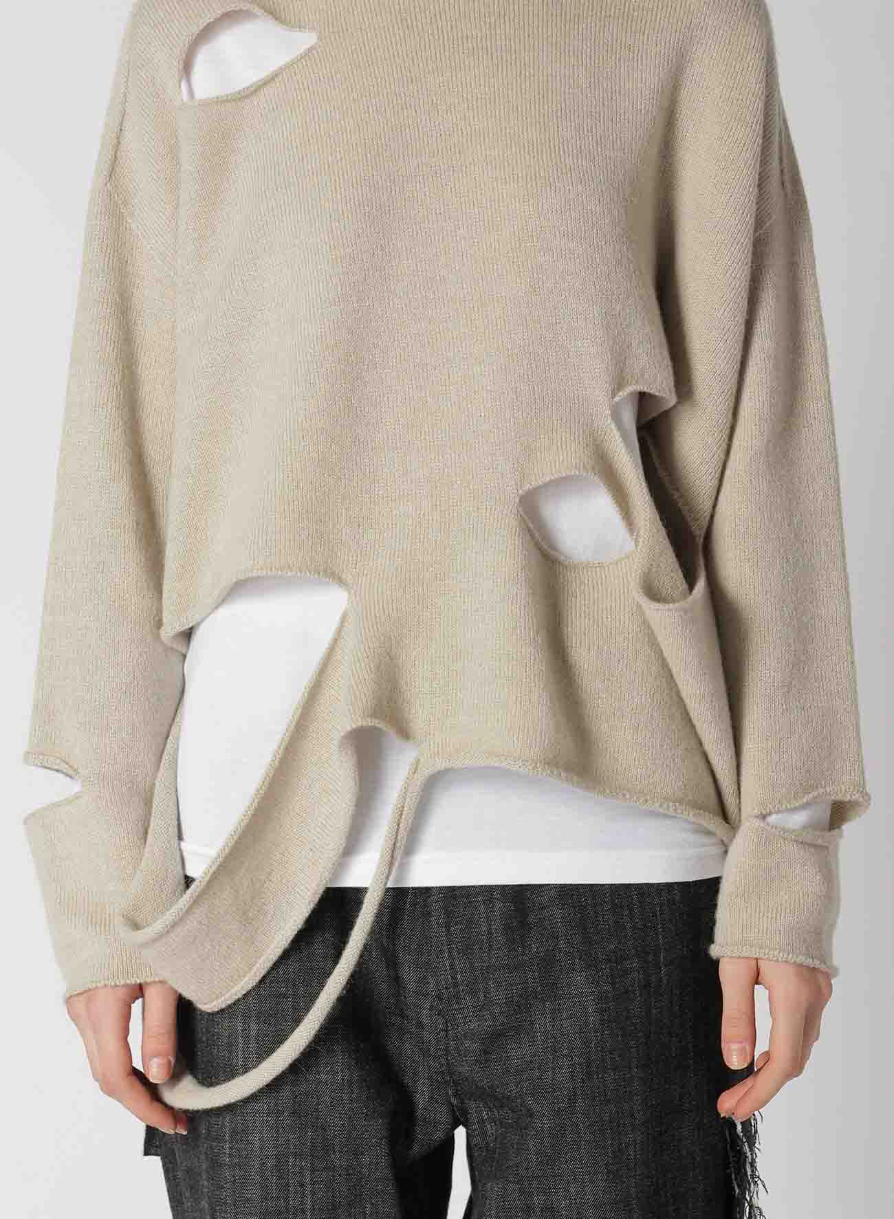 WOOL BLEND JERSEY ROUND NECK HOLED PULLOVER