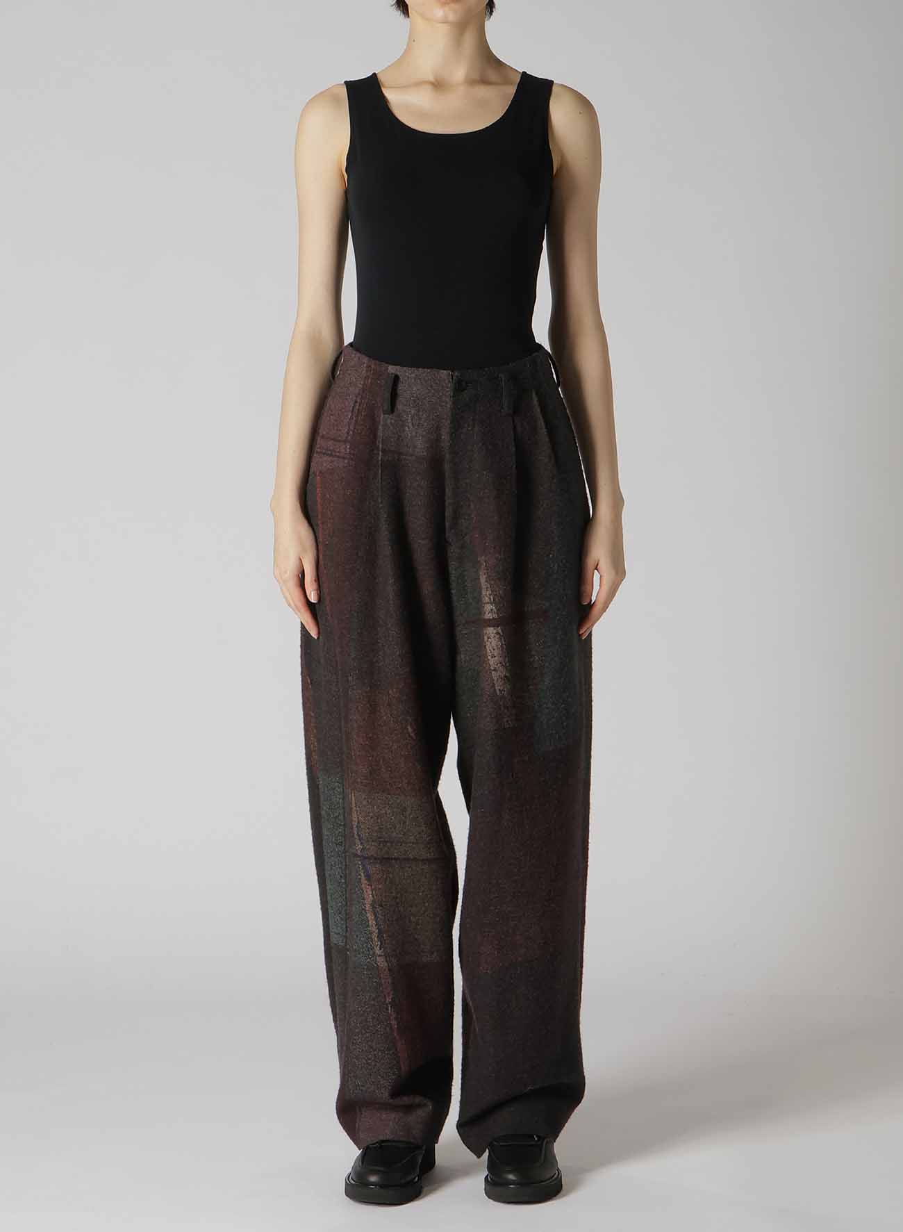 RAISED C/W TWILL PEALED CHECK PT DOUBLE TUCK WIDE PANTS